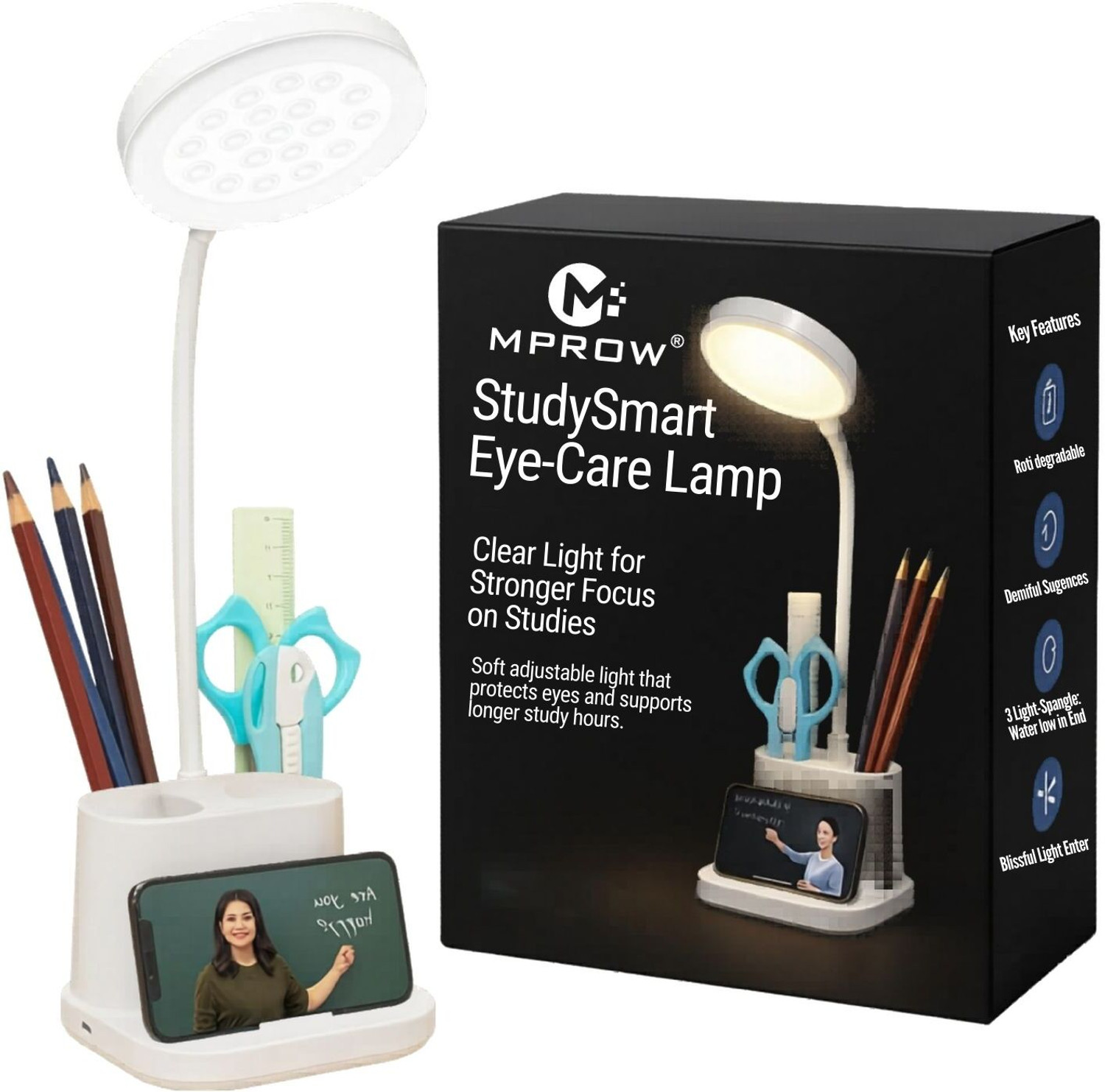 Image of MPROW LED Desk Lamp with Pen Holder and Phone Stand, Eye-Caring Table Lamp Study Lamp