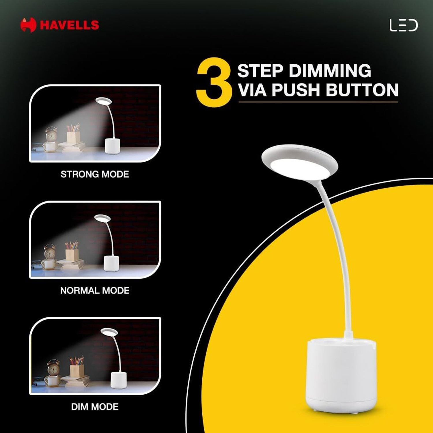 Image of HAVELLS 5W LED Table Lamp 3 Dimming Mode Touch Control Brightness & Pen Holder, Flexible Table Lamp