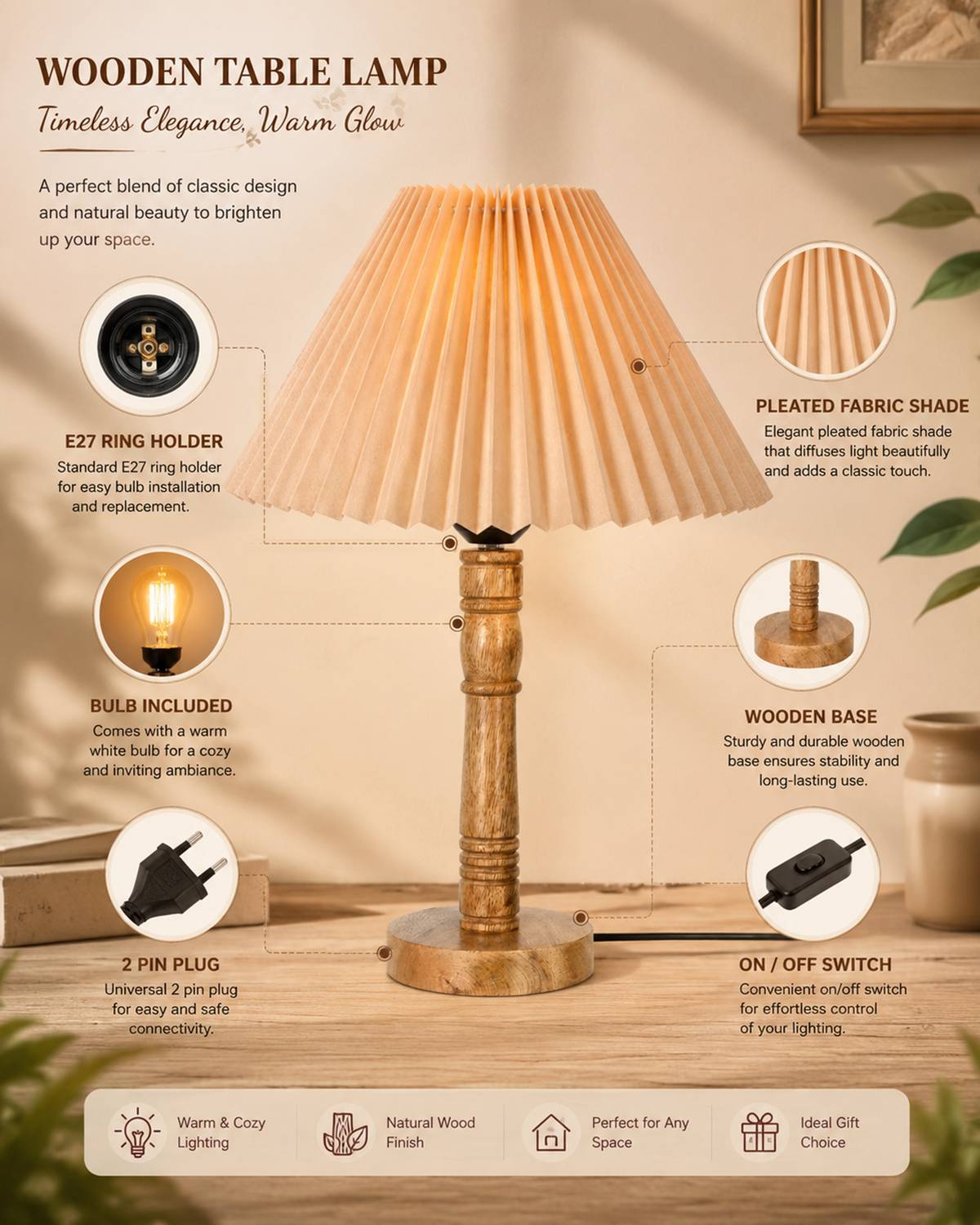 Glowhere Hand-Turned Wooden Stick Lamp with Beige Shade - Image 5