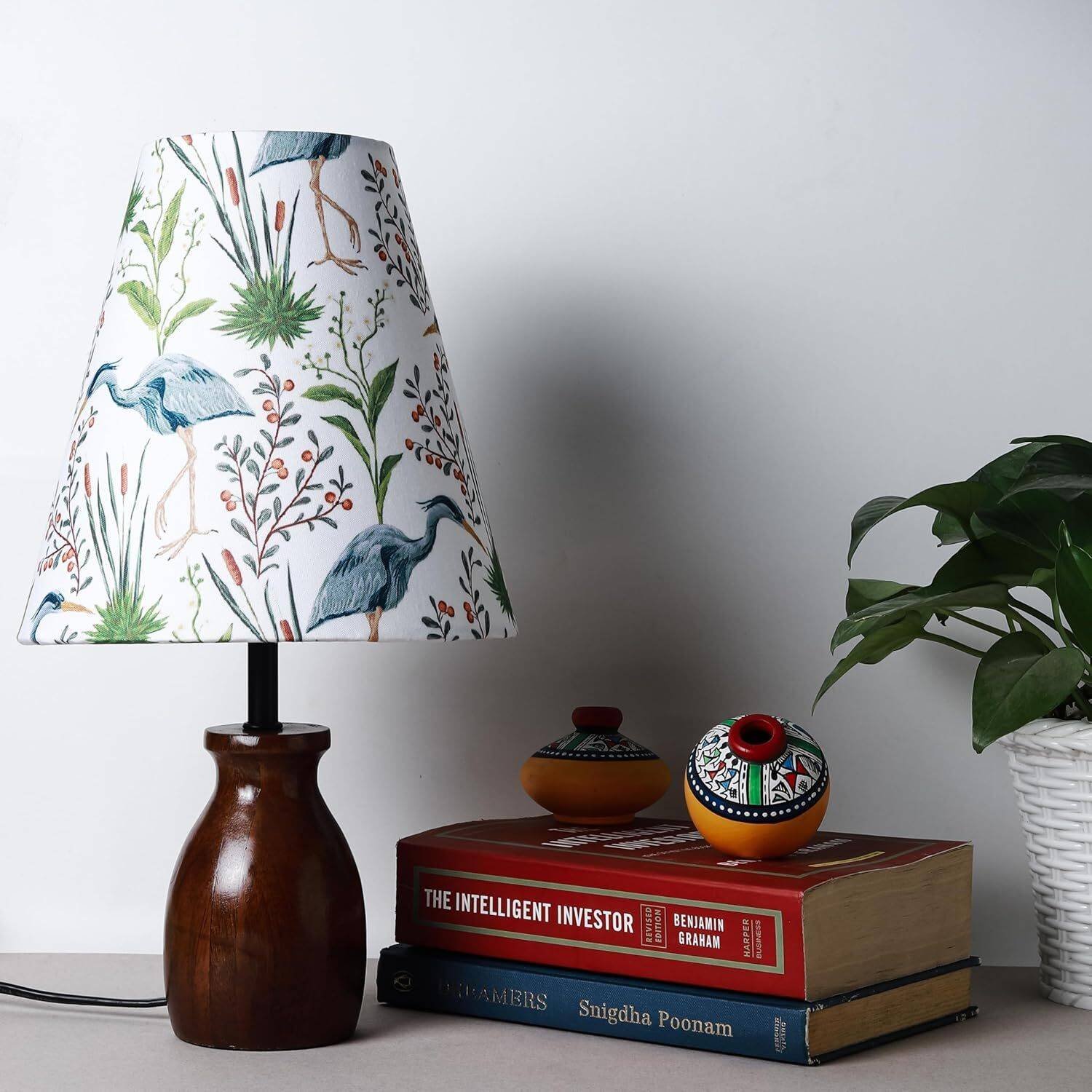 Lexton Wooden Bedside Table Lamp Bird Printed 15 inch Corde