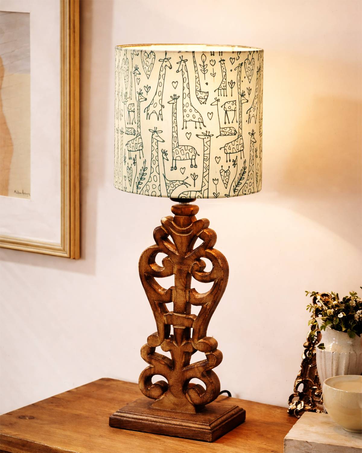 Homesake Sculptural Hand Carved Wood Table Lamp with Khadi Square