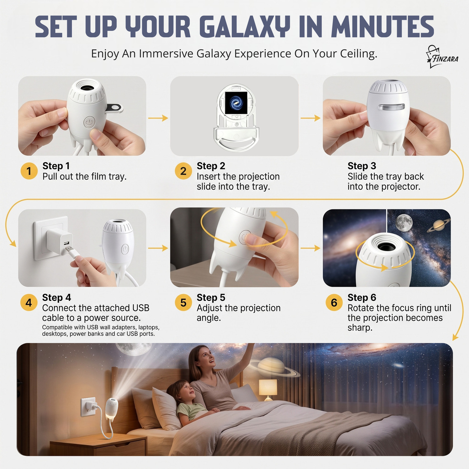 Image of Finzara 2-in-1 Mini Galaxy Projector Night Light with 360 Rotation, (5 Slides) Night Lamp