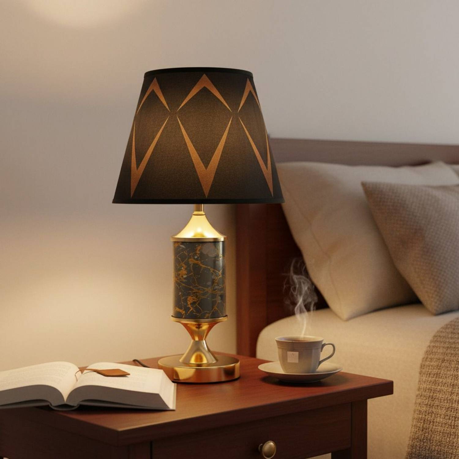 ELARE Crystal Gold Table Lamp with Golden Floral Shade for Bedroo
