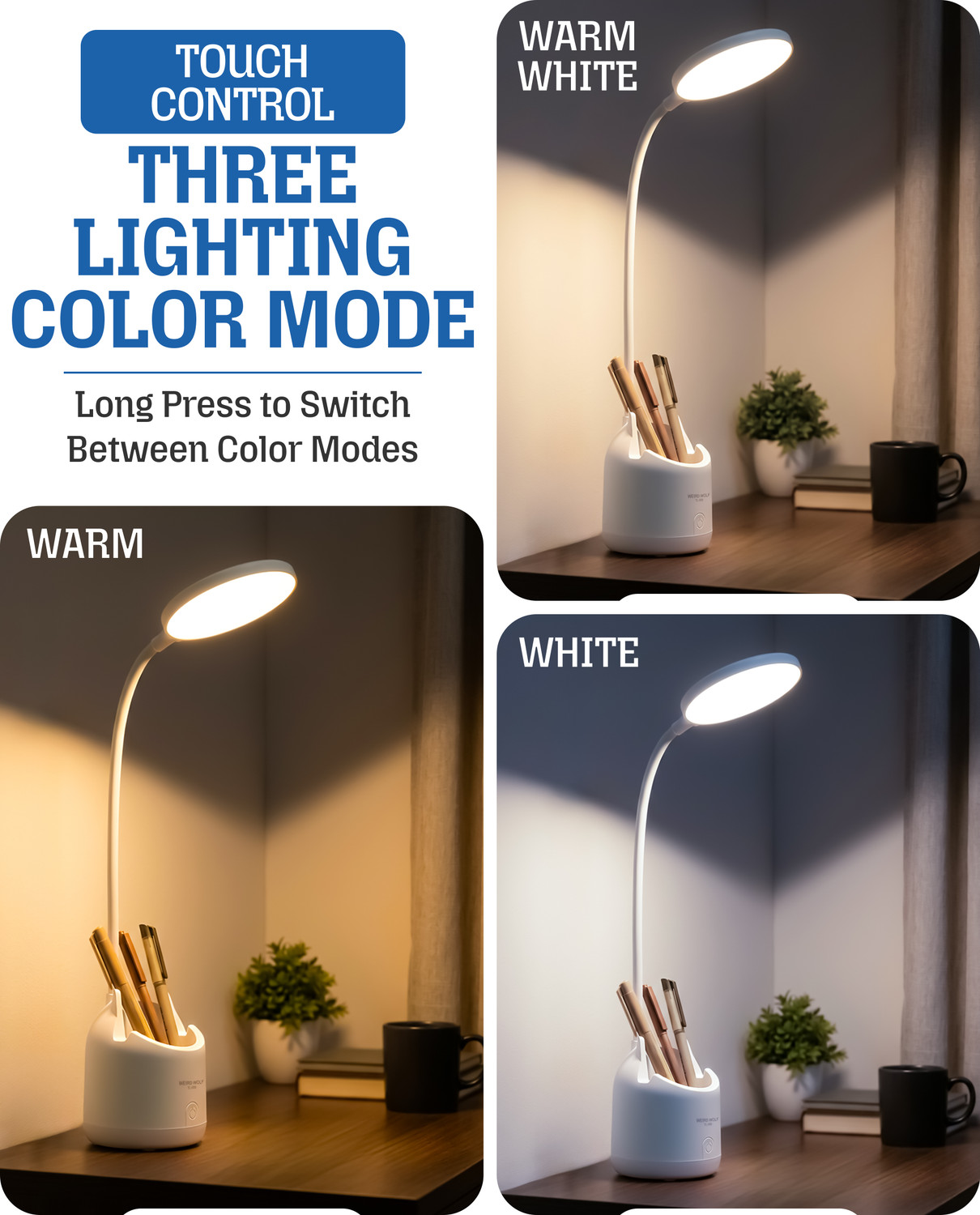Image of WEIRD WOLF 3 Color Mode Rechargeable Study Lamp for Home, Adjustable Brightness Study Lamp