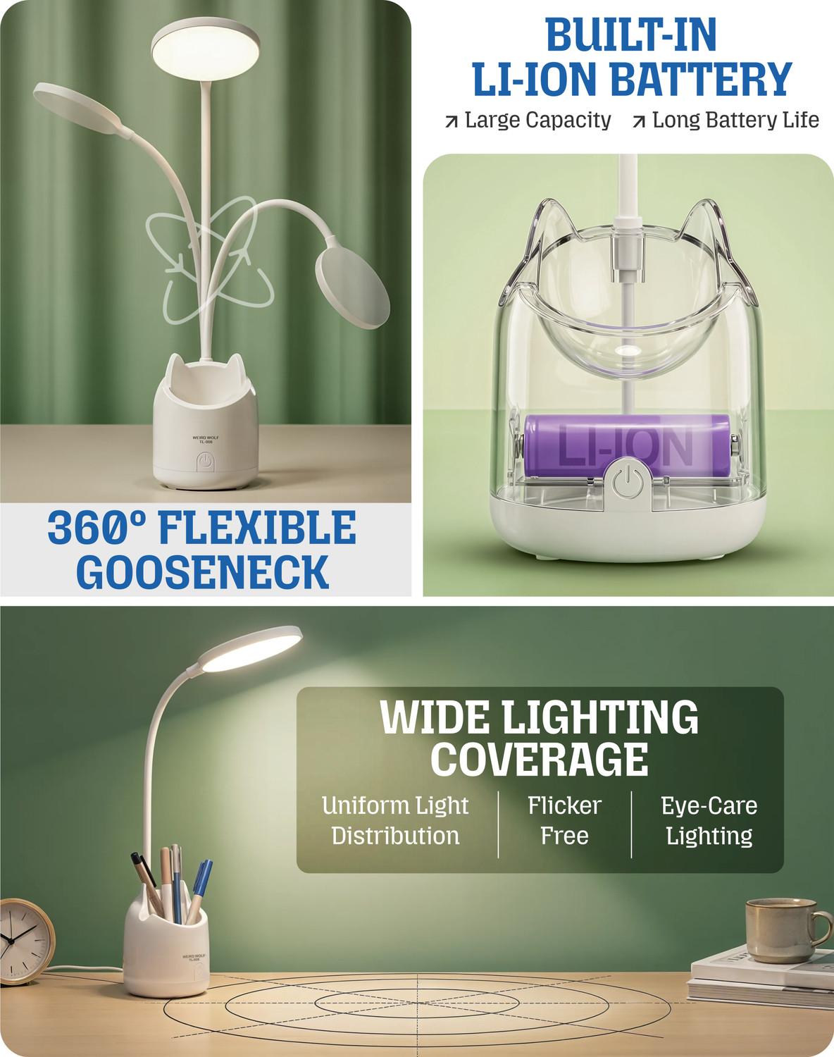 Image of WEIRD WOLF 3 Color Mode Rechargeable Study Lamp for Home, Adjustable Brightness Study Lamp