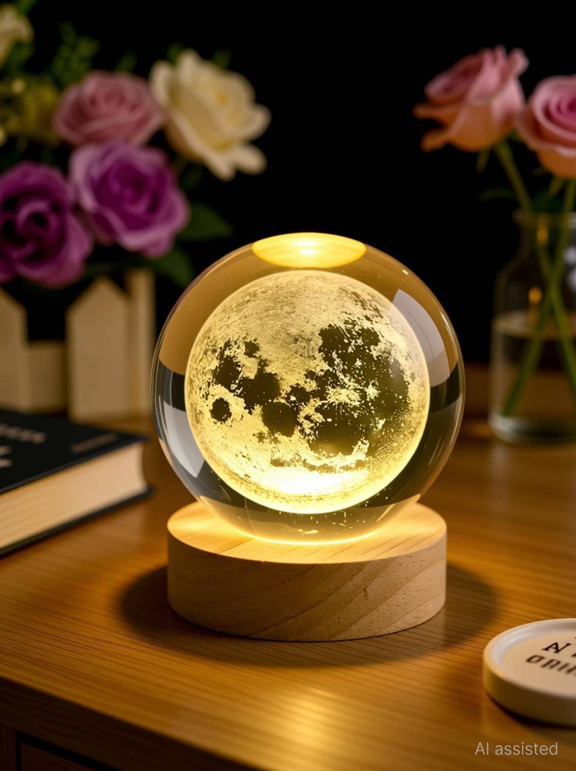 AADGEX 3D Moon Crystal Ball Night Light,2.4 inch Glass Ball Night Lamp with Wood Base Table Lamp