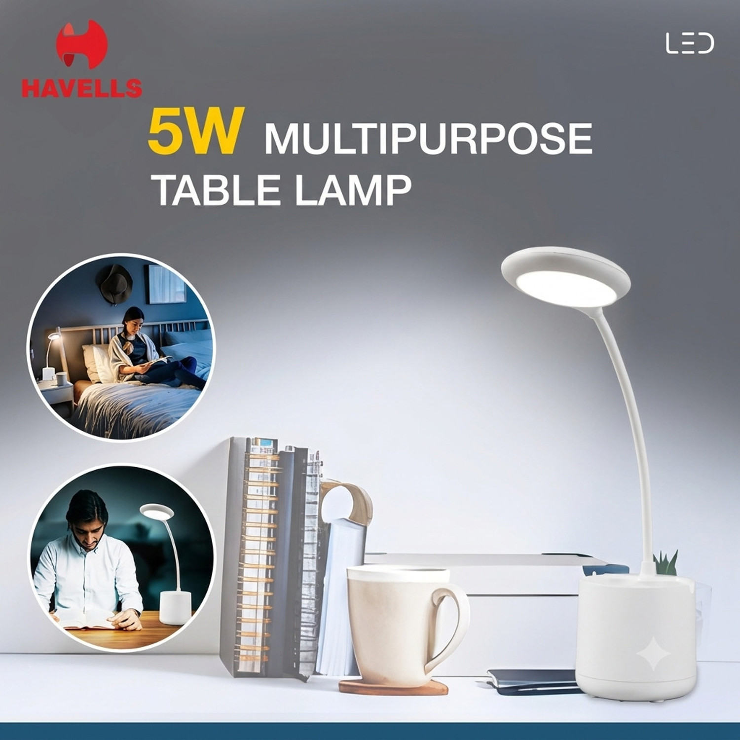 Image of HAVELLS 5W LED Table Lamp 3 Dimming Mode Touch Control Brightness & Pen Holder, Flexible Table Lamp