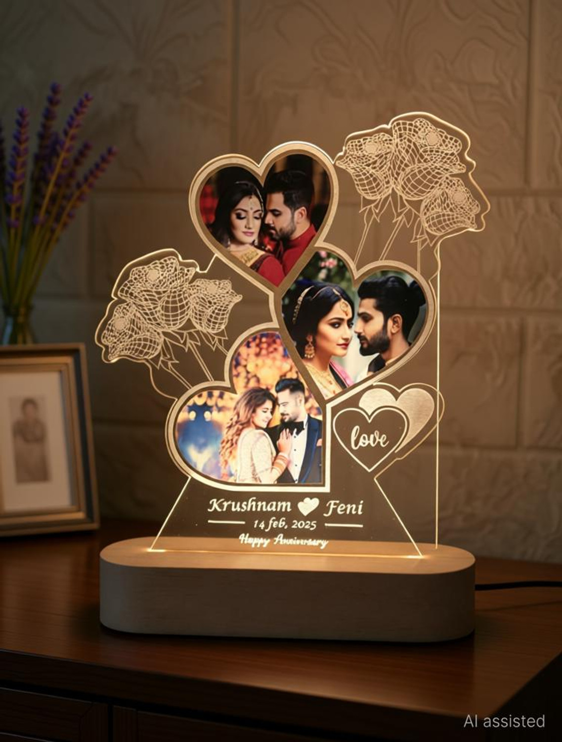 Image of Shayona Customized LED Lamp with Name & Date Heart-Shaped Design with Roses Anniversary Table Lamp (22 cm, Multicolor)