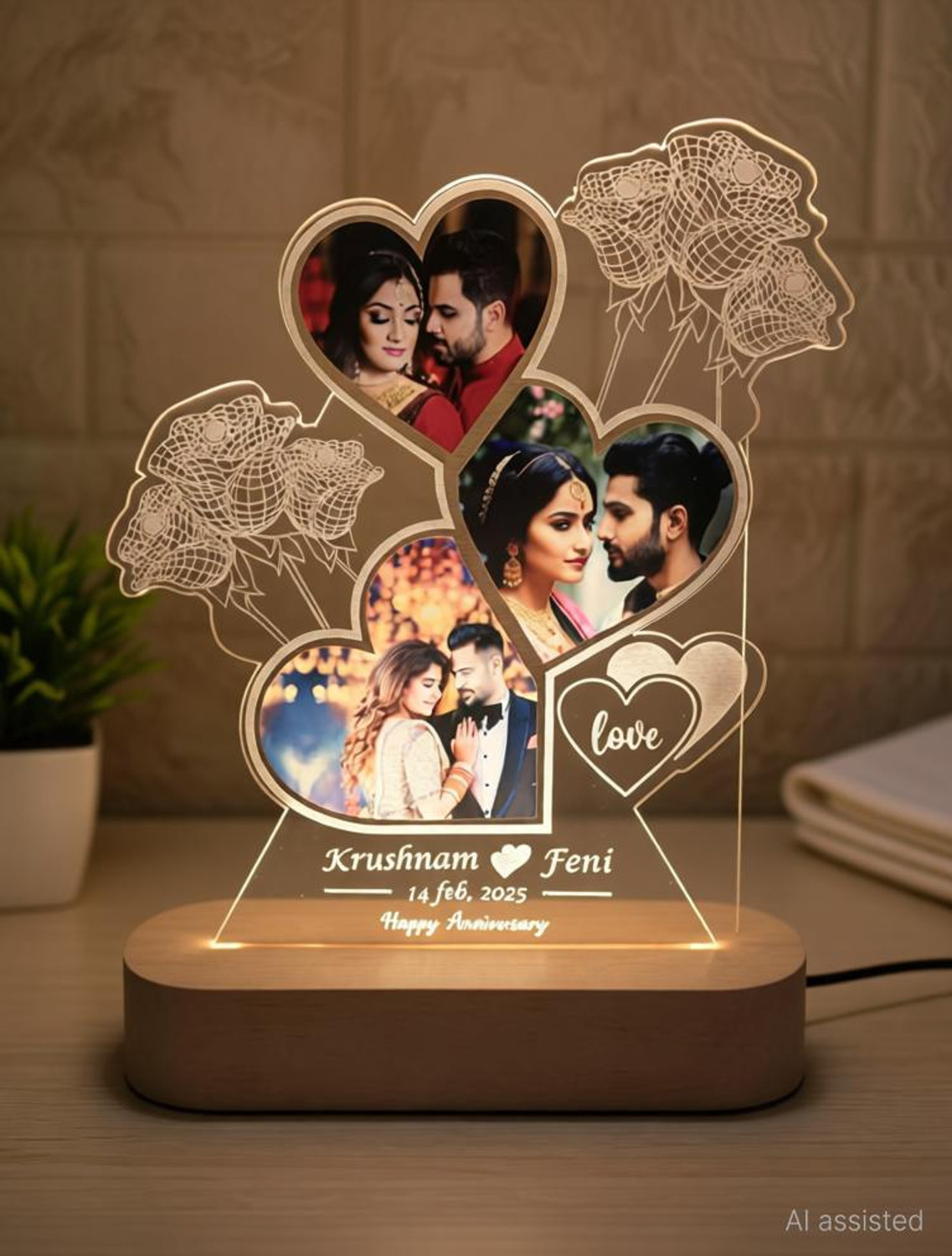 Image of Shayona Customized LED Lamp with Name & Date Heart-Shaped Design with Roses Anniversary Table Lamp (22 cm, Multicolor)