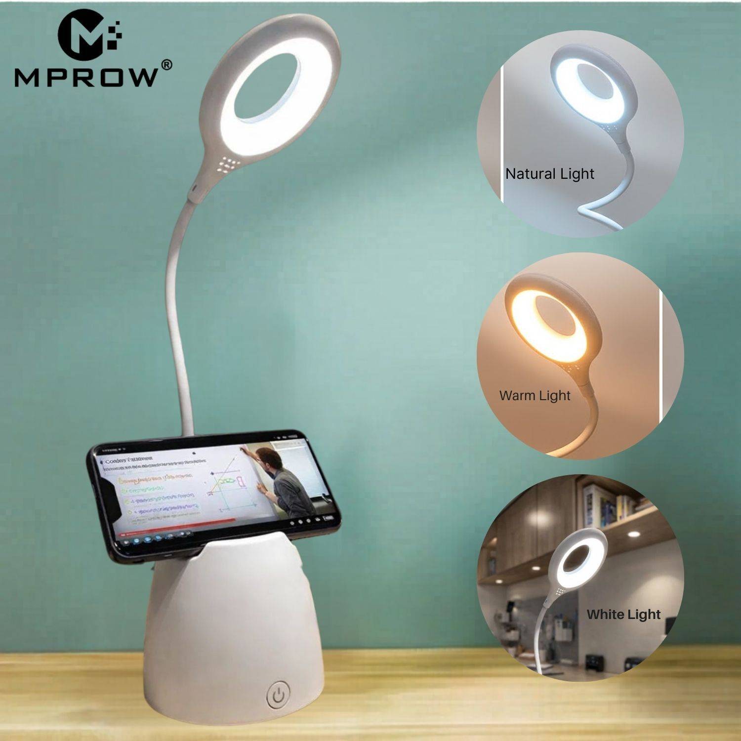 MPROW LED Desk Lamp with Pen Holder, Eye-Caring Table Lamp with 3