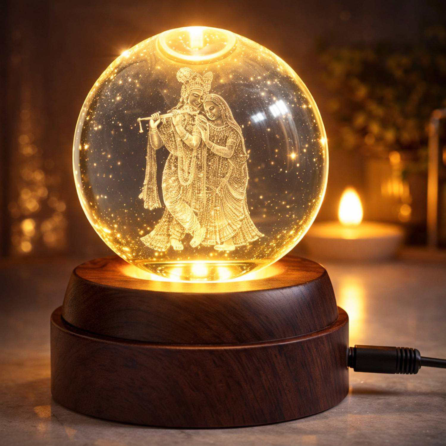 JAMBOREE 360° Rotating Radha Krishna Crystal Lamp LED USB Night L