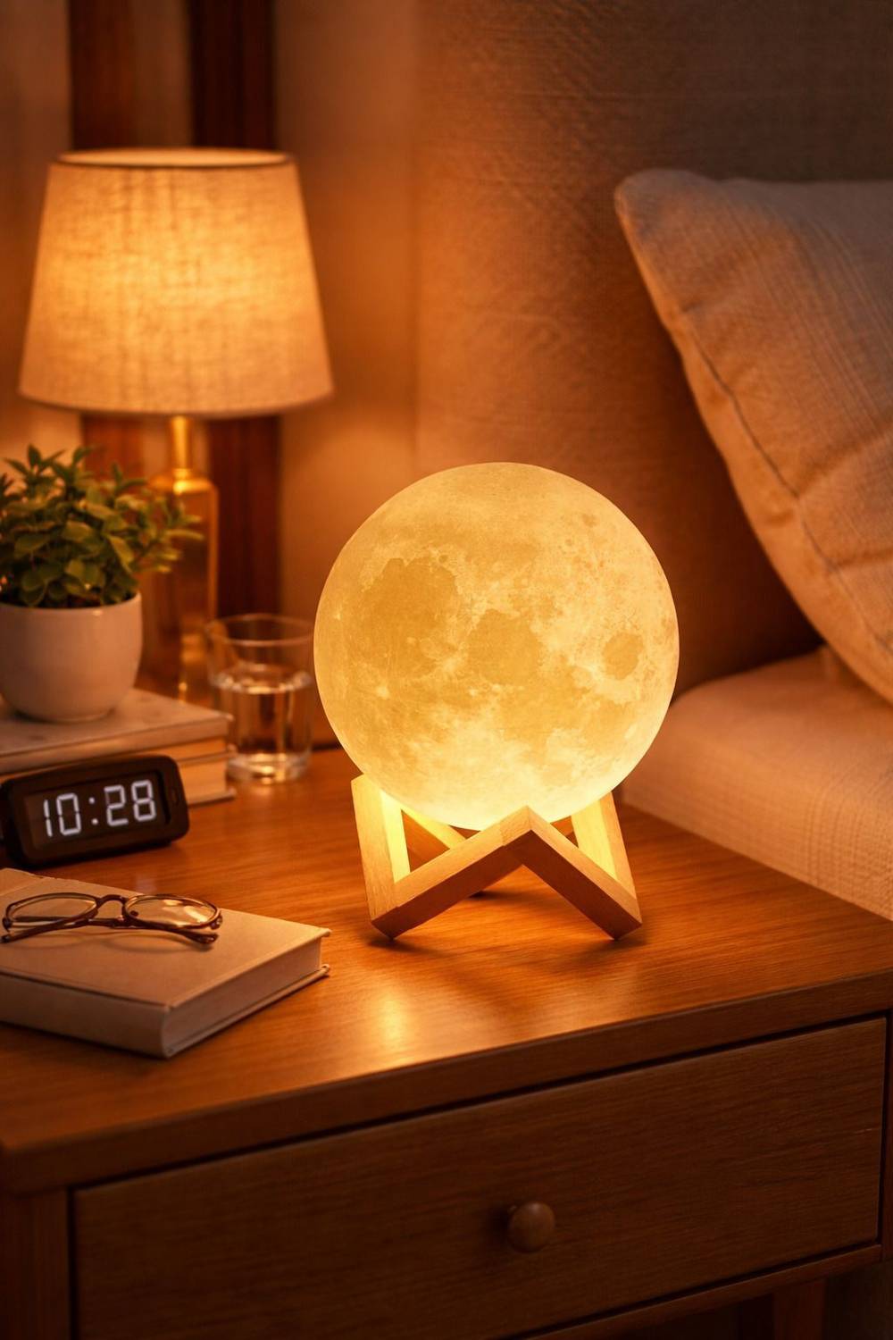 Design2occupy 3D Moon Lamp with Wooden Stand Table Lamp (5 cm, Wa