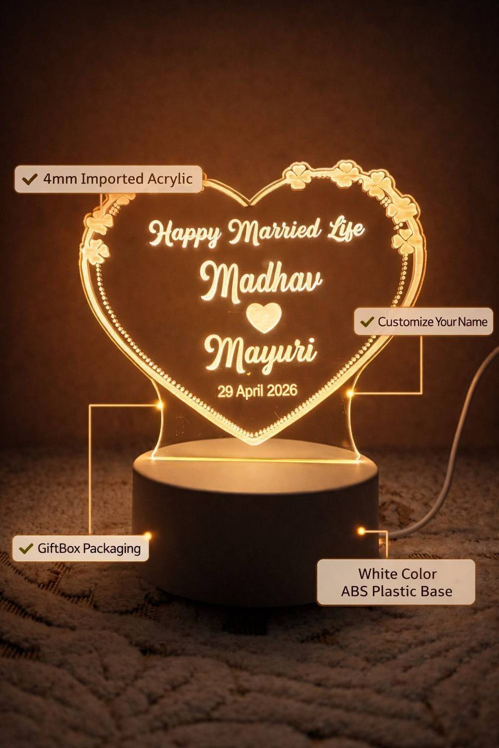 Isthir Personalized Heart Shape LED Acrylic Lamp Custom Name We