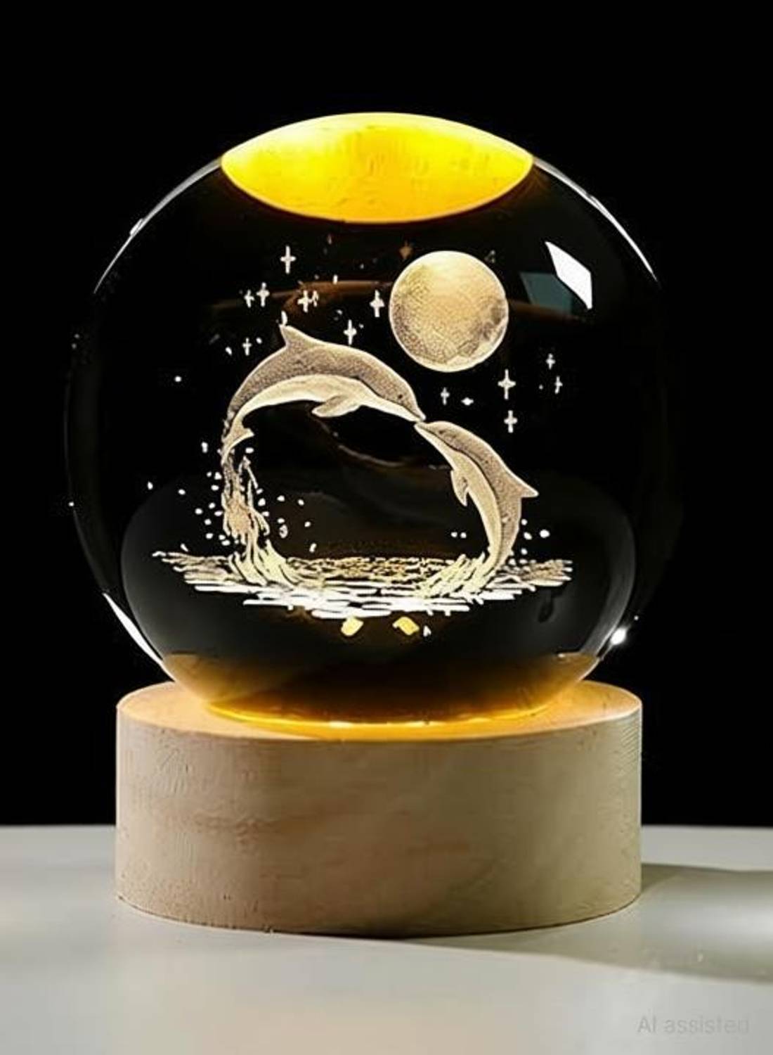 Benedict 3D Dolphin with Moon Crystal Ball with LED Light Base | Glass Sphere Globe Lamp Night Lamp