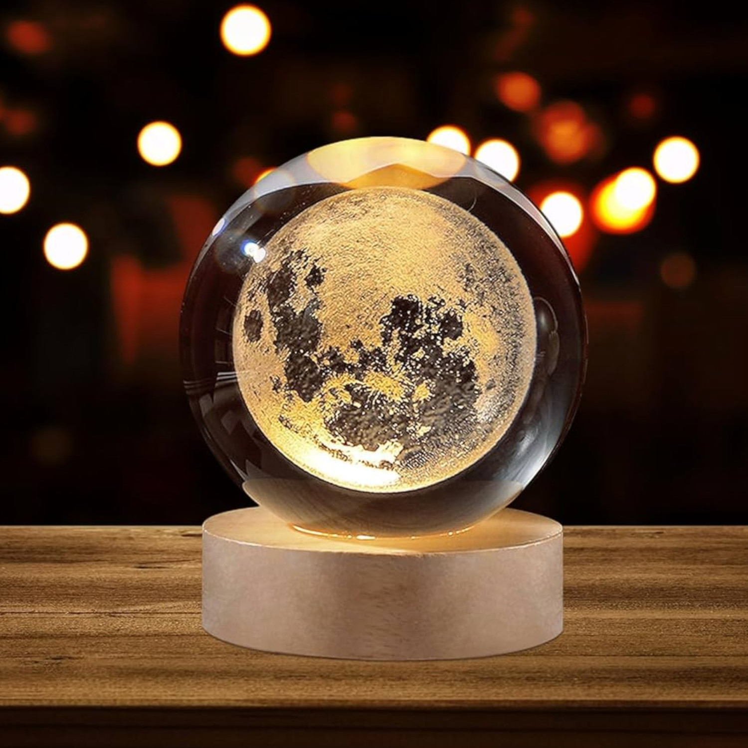 Image of Happie Gifting 3D Moon Crystal Ball Night Light 2.4 Inch Glass Ball LED Lamp with Wooden Base Night Lamp