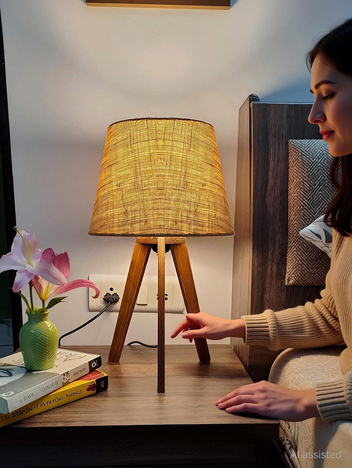 Image of PlyPandit Tripod Desk Lamp for Bedside and Study in Brown Wood Finish (Jute) Table Lamp