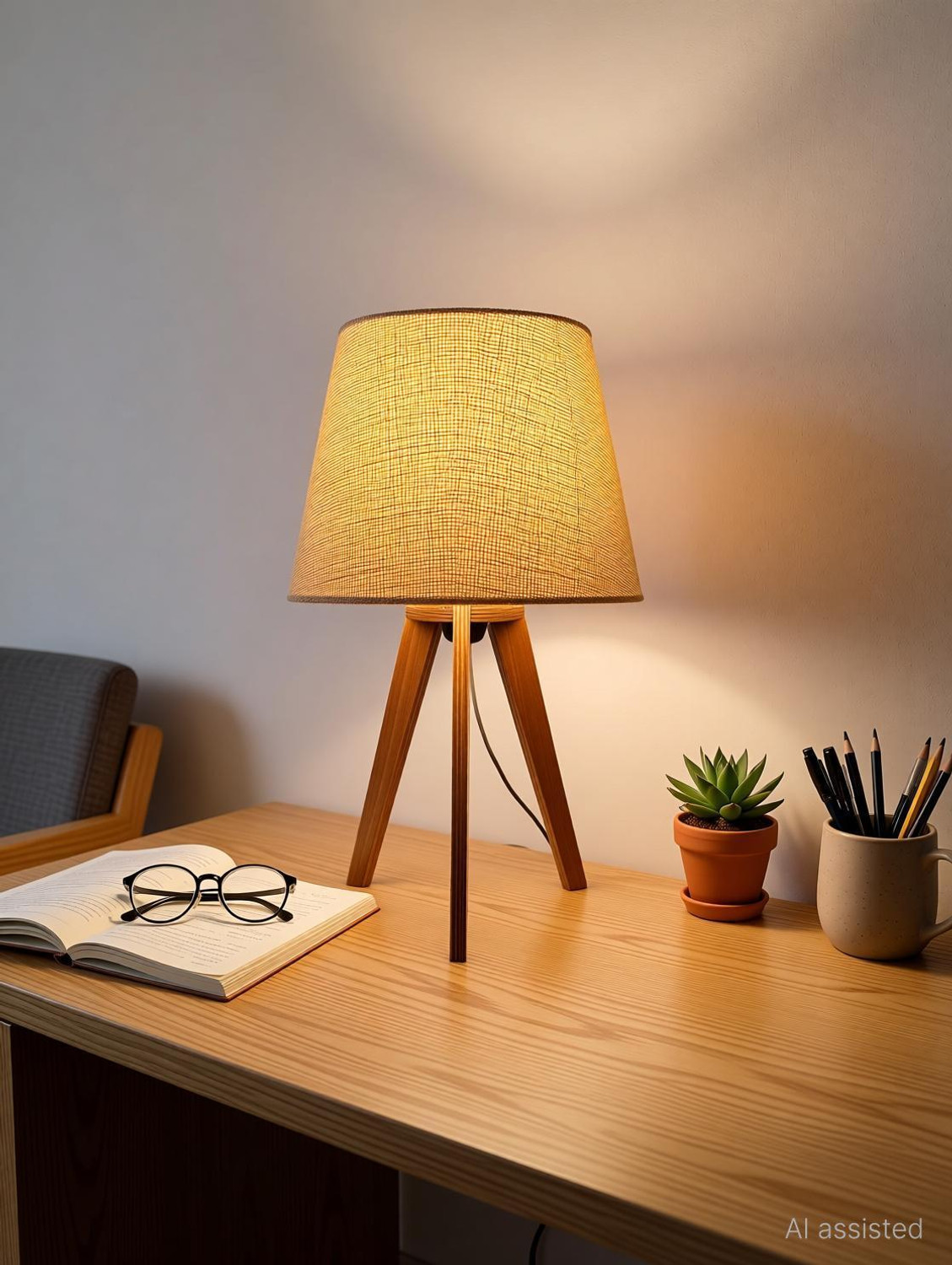 Image of PlyPandit Tripod Desk Lamp for Bedside and Study in Brown Wood Finish (Jute) Table Lamp