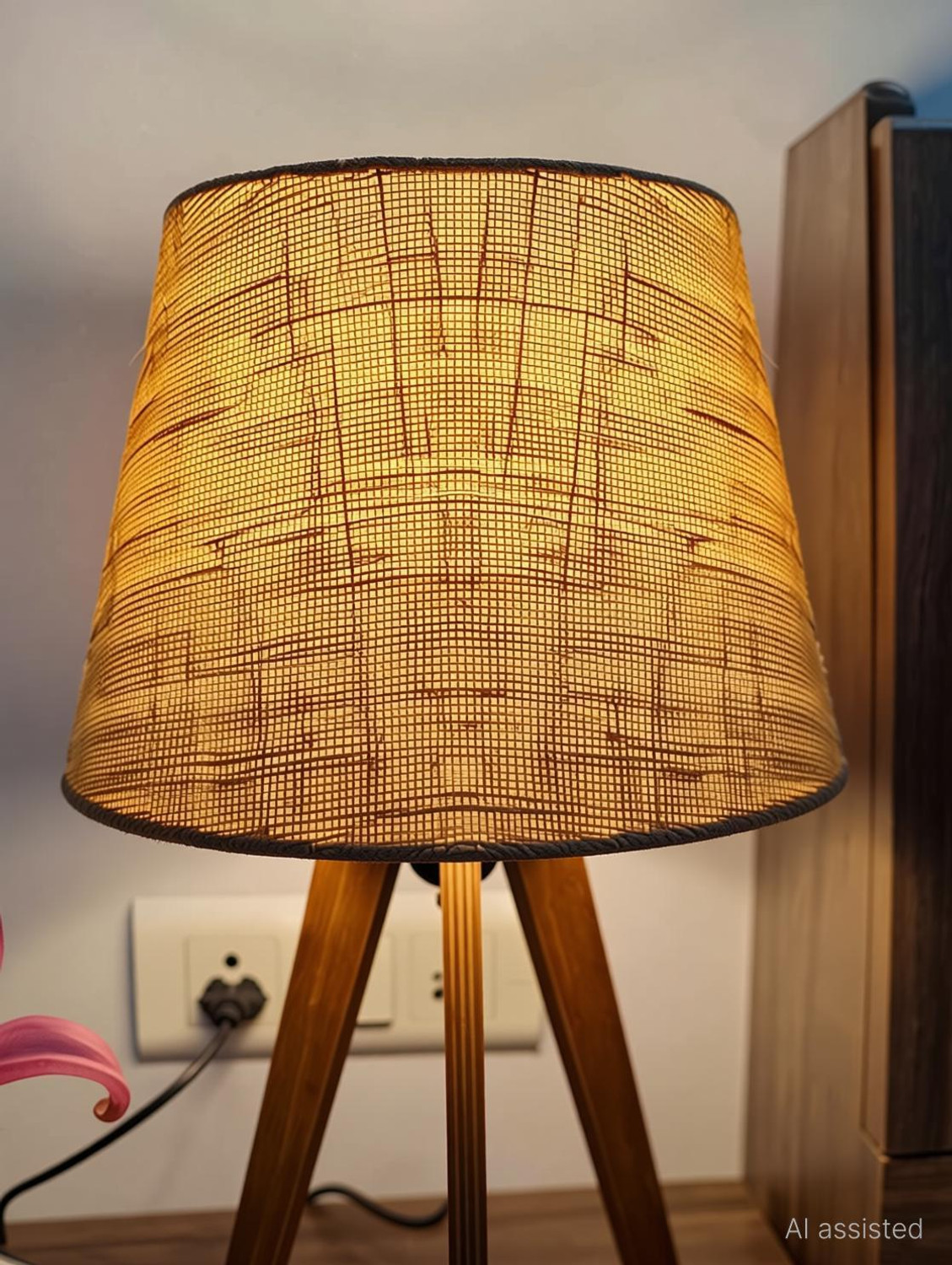 Image of PlyPandit Tripod Desk Lamp for Bedside and Study in Brown Wood Finish (Jute) Table Lamp