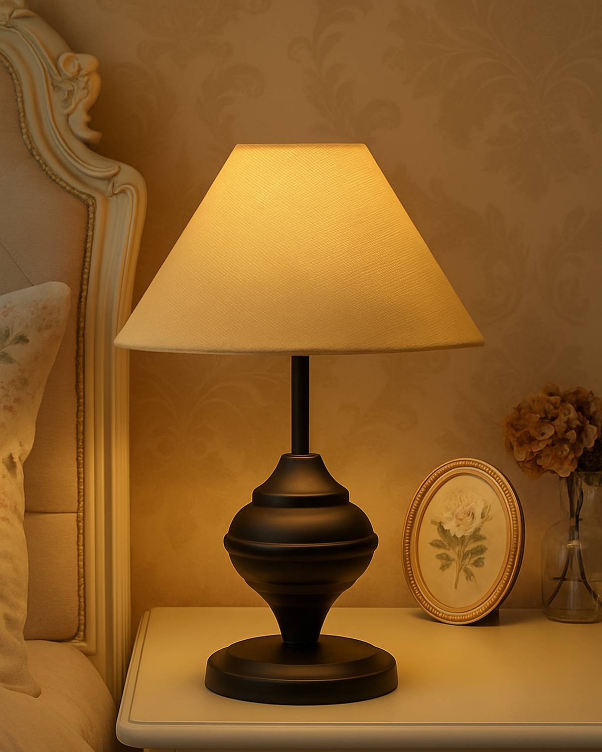 Glowhere Black Urn Table Lamp, Rustic Jute Cone Shade, Ideal for
