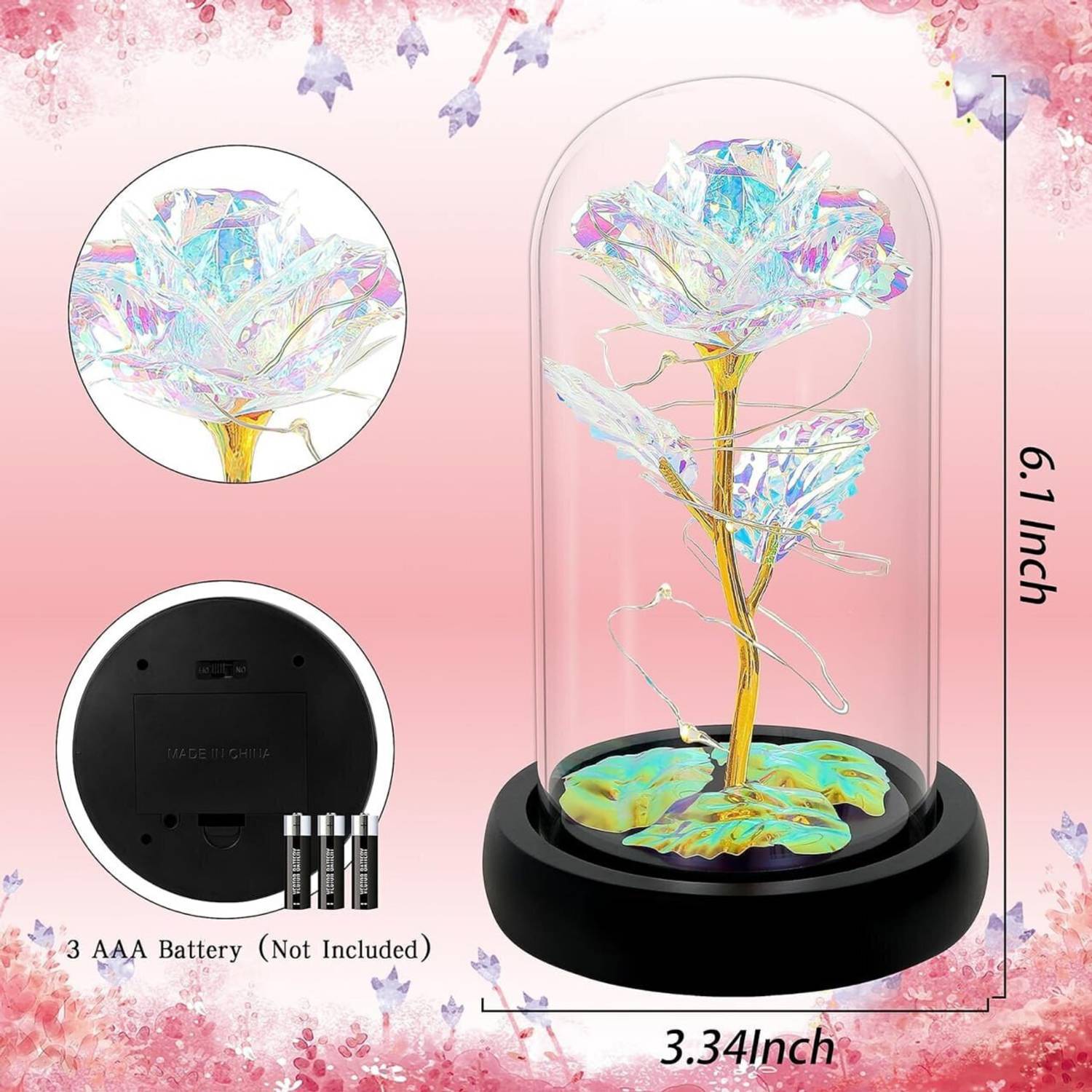 BIYALI Rose in Glass Dome with Gift Box with LED Lights Forever