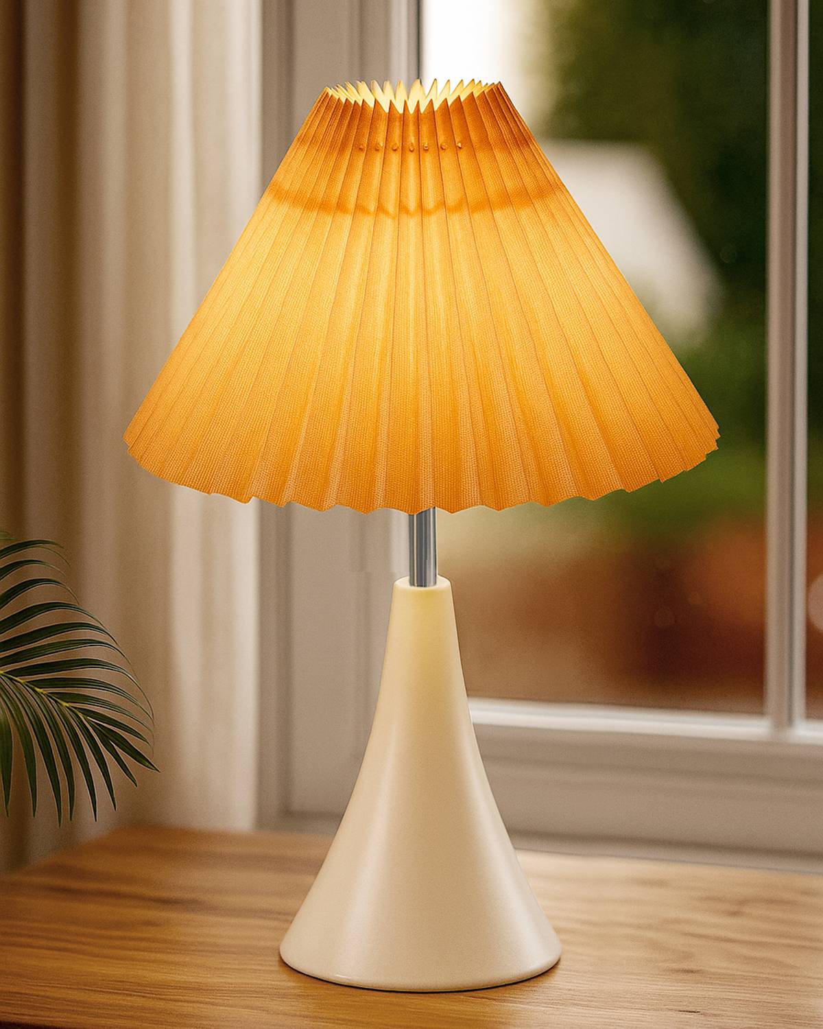 Glowhere Matte White Bedside Lamp, Pleated Beige Fabric Shade E27