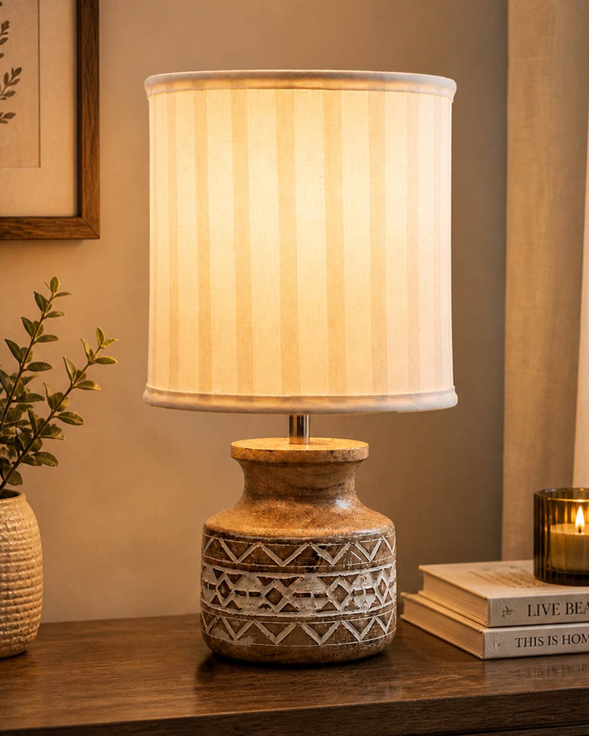 Homesake Whitewash Pot Wood Table Lamp, Modern Base Fabric Lampsh