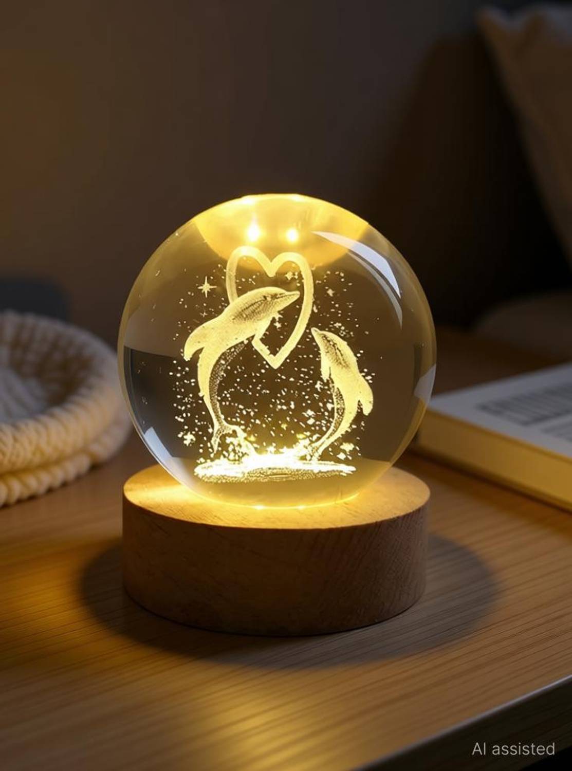 AADGEX 3D dolphine heart Crystal Ball Night Light,2.4 inch Glass Ball Night Lamp Table Lamp