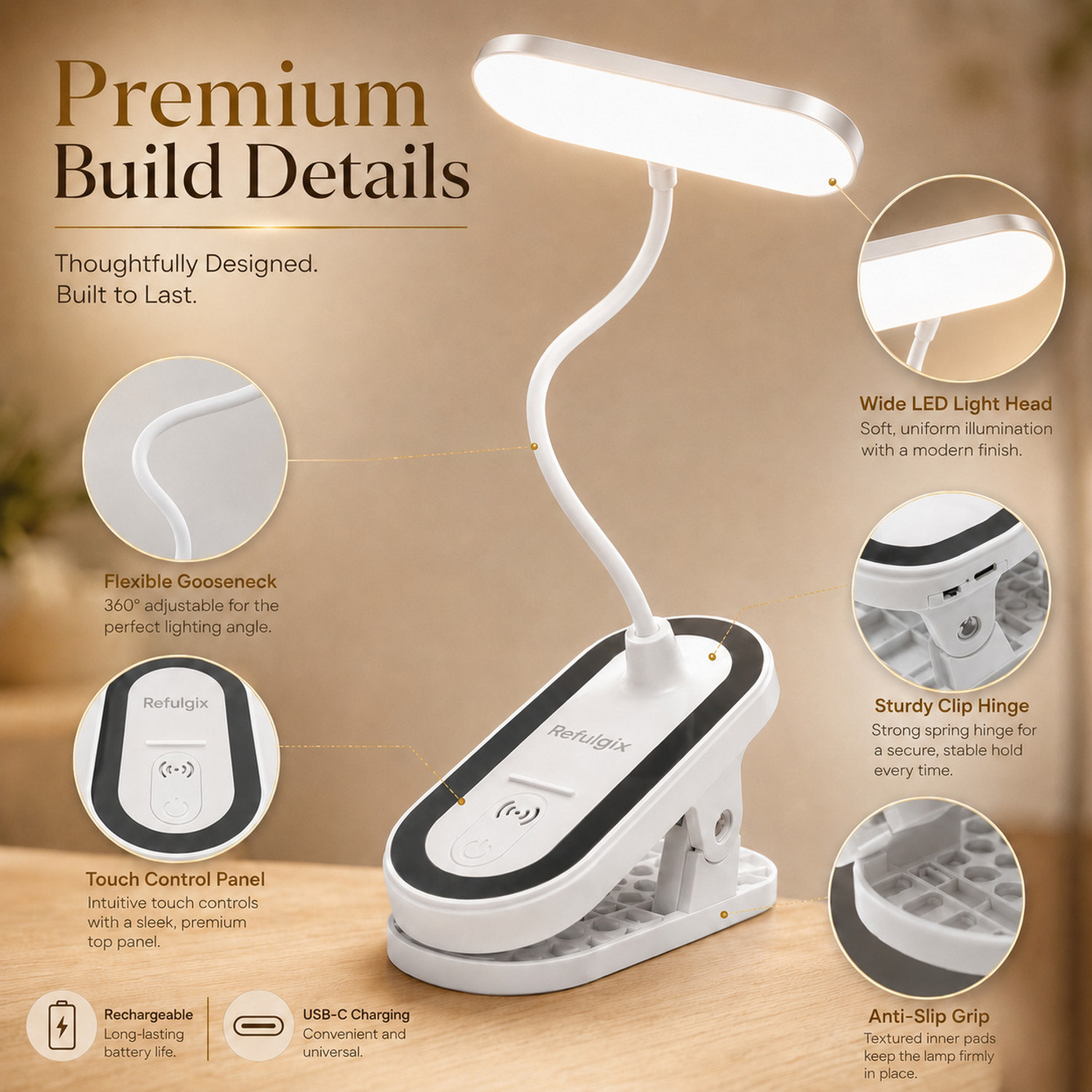 Image of Refulgix Rechargeable LED Clip Lamp, Flexible Neck Study Light for Desk, Bedside & Office Study Lamp