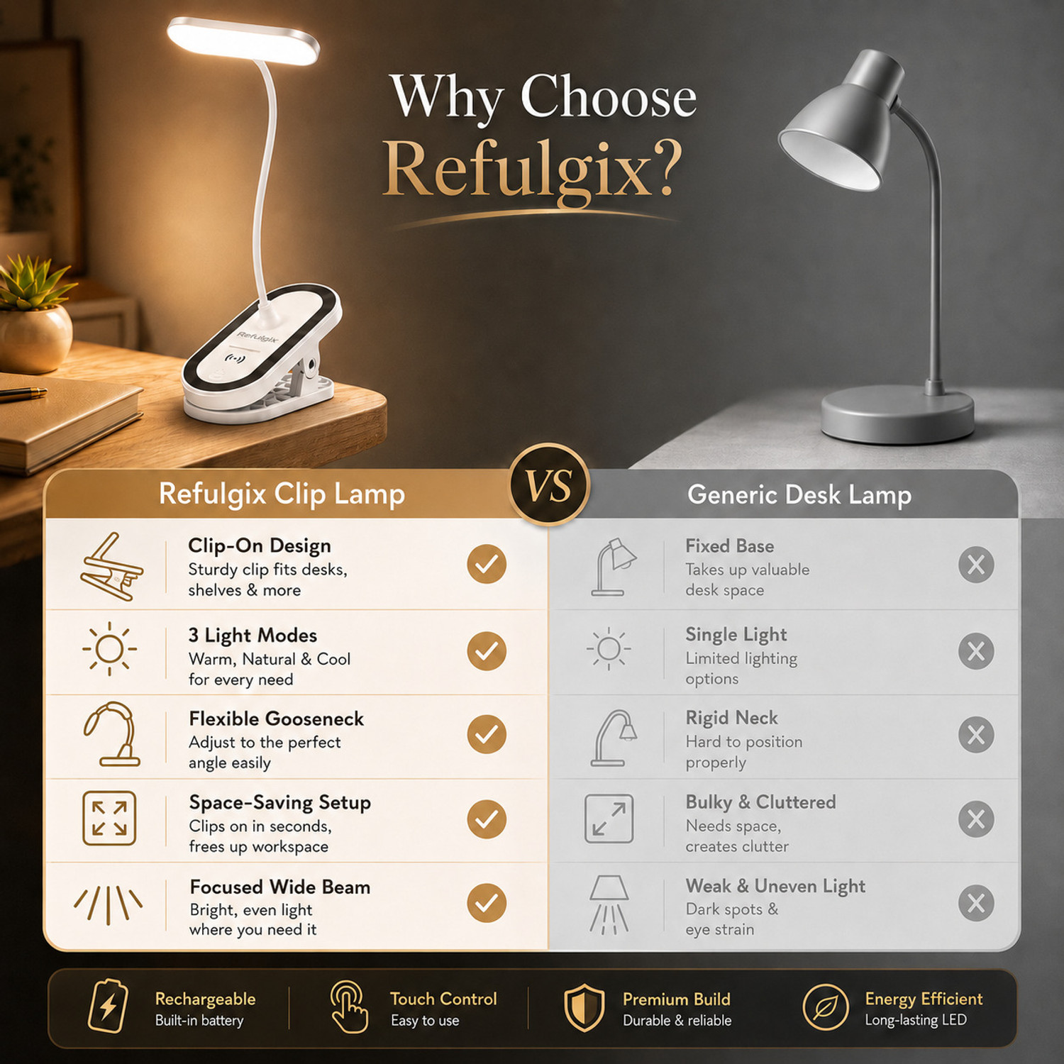 Image of Refulgix Rechargeable LED Clip Lamp, Flexible Neck Study Light for Desk, Bedside & Office Study Lamp