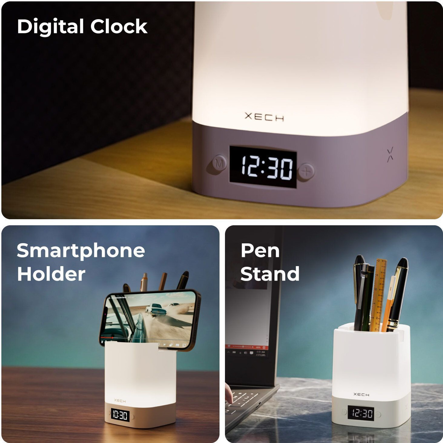 Image of xech Rechargeable Desk lamp Digital Clock 3 Color Tones & Mobile Holder NOVADIGITAL Night Lamp
