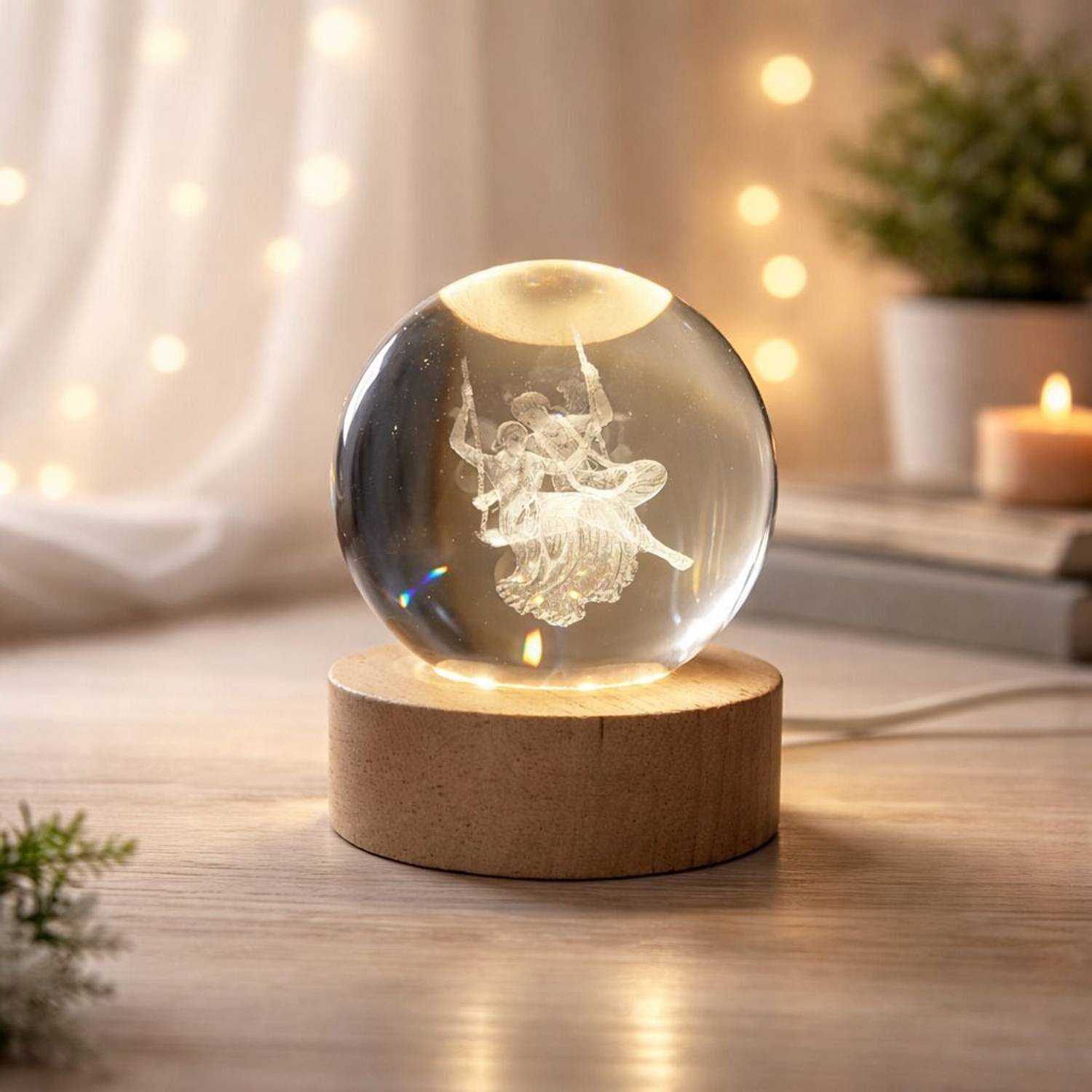 Lilone Crystal Ball Radha Krishna on Jula Night Lamp (8 cm, Warm