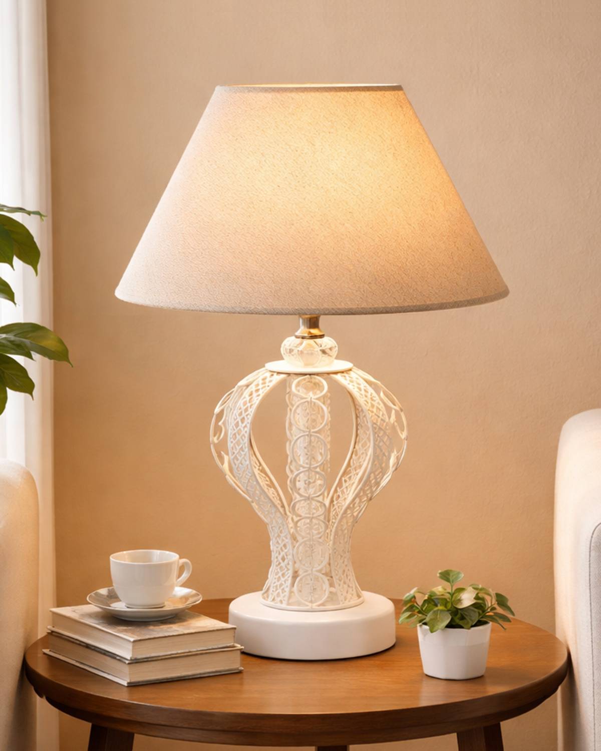 Glowhere Modern Crystal Bedside Lamp, Jute Cone Shade for Bedroom