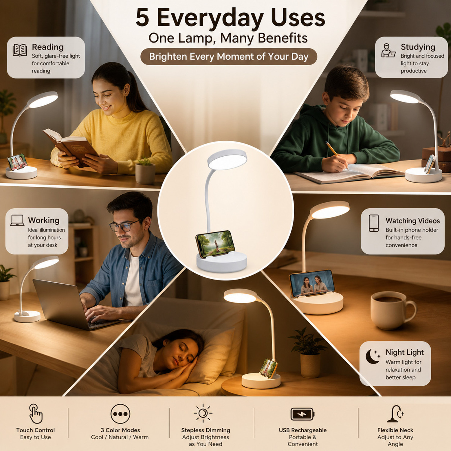 Image of ecoosoft Study Lamp Touch Sensor On-Off Desk Lamp USB Rechargeable 3 Light Modes Table Lamp