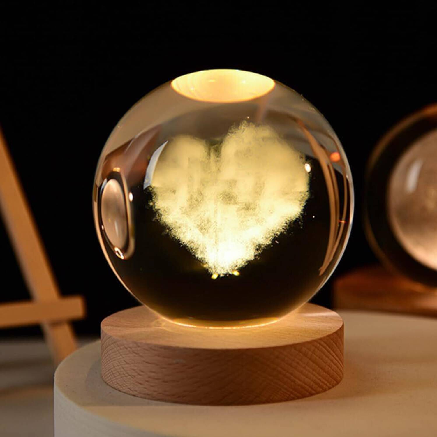 carfrill Crystal Ball Night Light 3D Engraved Heart Crystal Globe with Warm LED Table Lamp