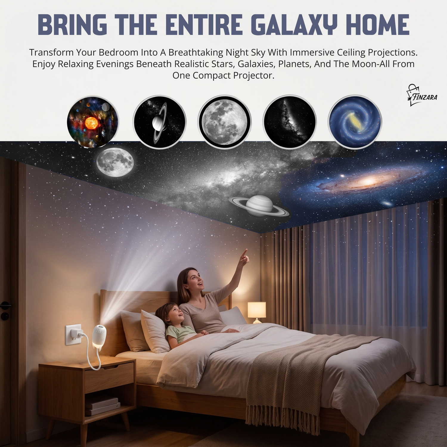 Image of Finzara 2-in-1 Mini Galaxy Projector Night Light with 360 Rotation, (5 Slides) Night Lamp