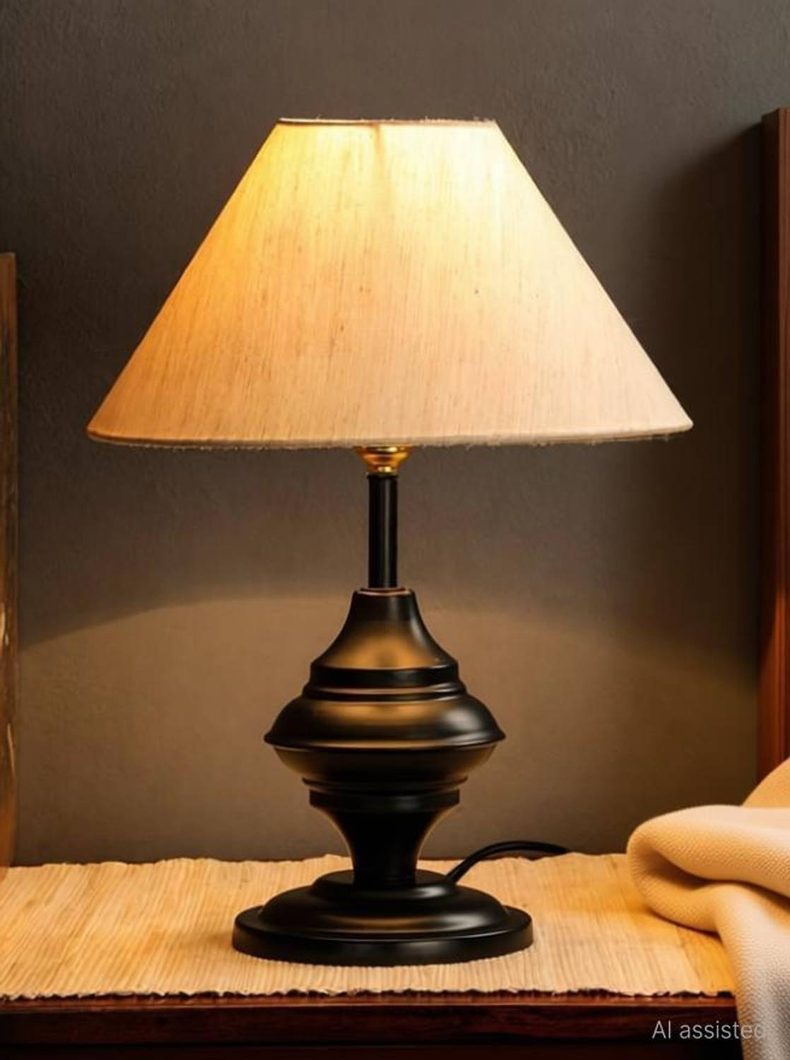 foziq 10" Beige Cotton Table Lamp (34 cm, Beige)