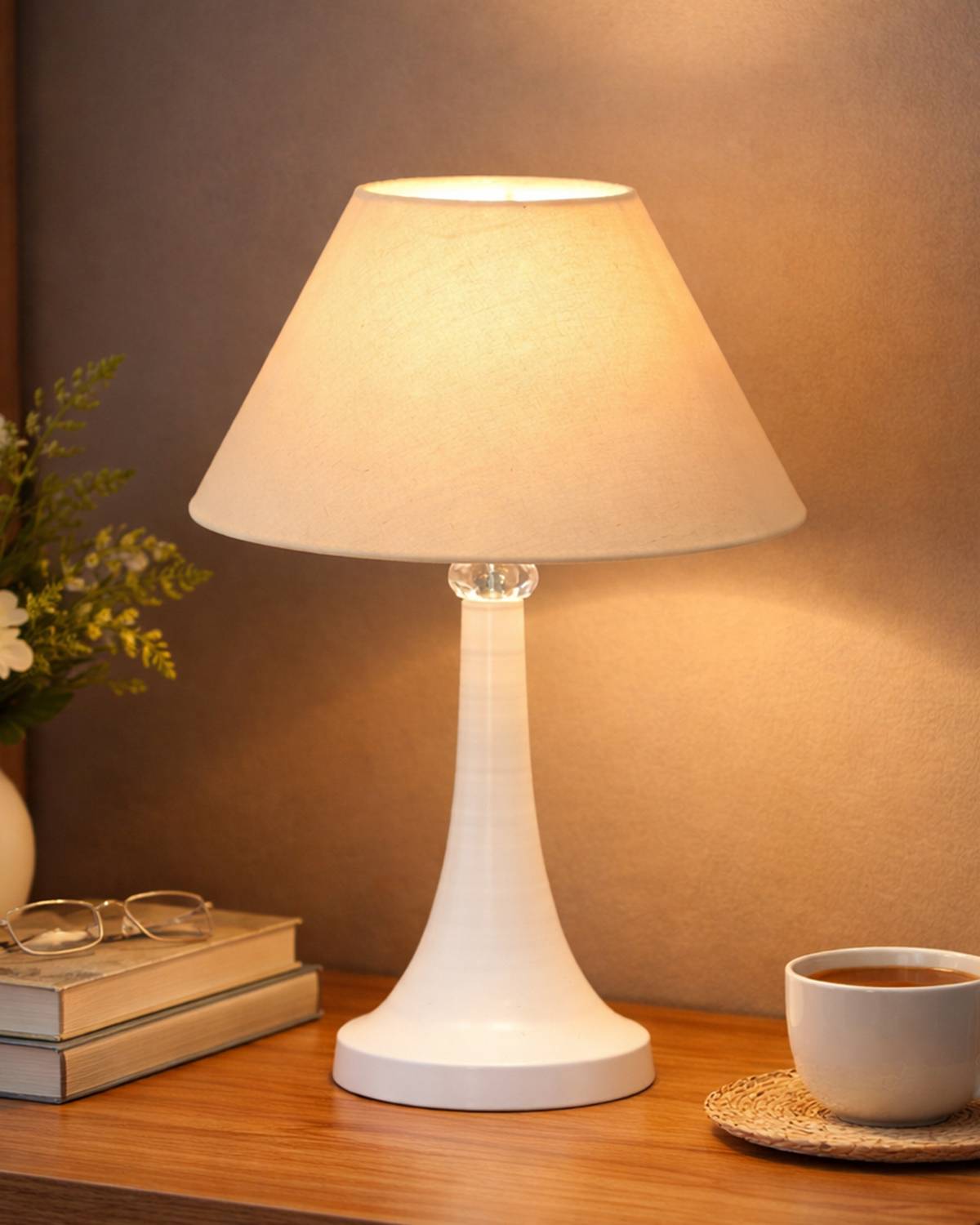Glowhere Farmhouse Matte Table Lamp, Khadi Cone Shade, E27 Bedsid