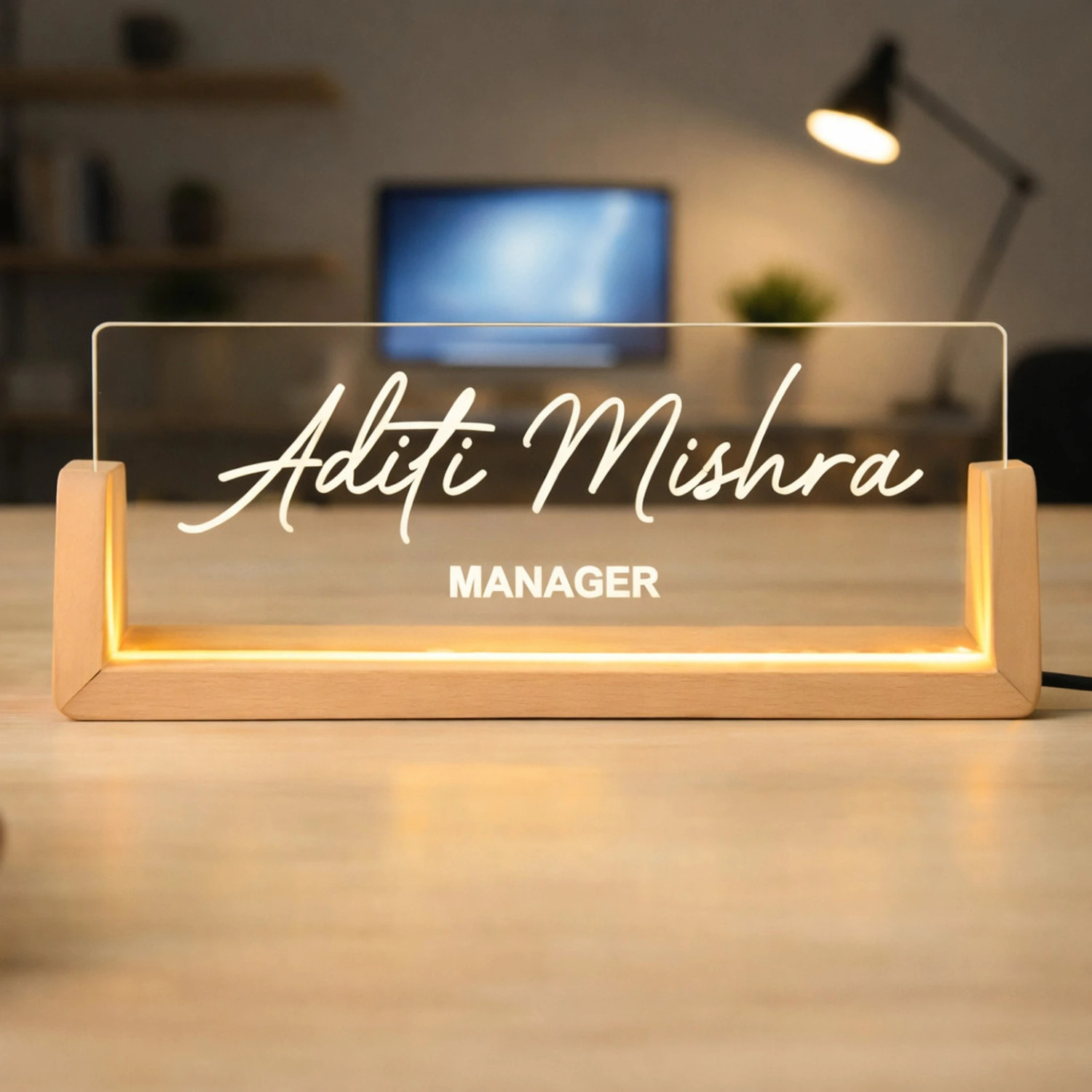 Image of Ishanvi Enterprises Premium LED Acrylic Desk Name Plate with Wooden Stand Table Lamp