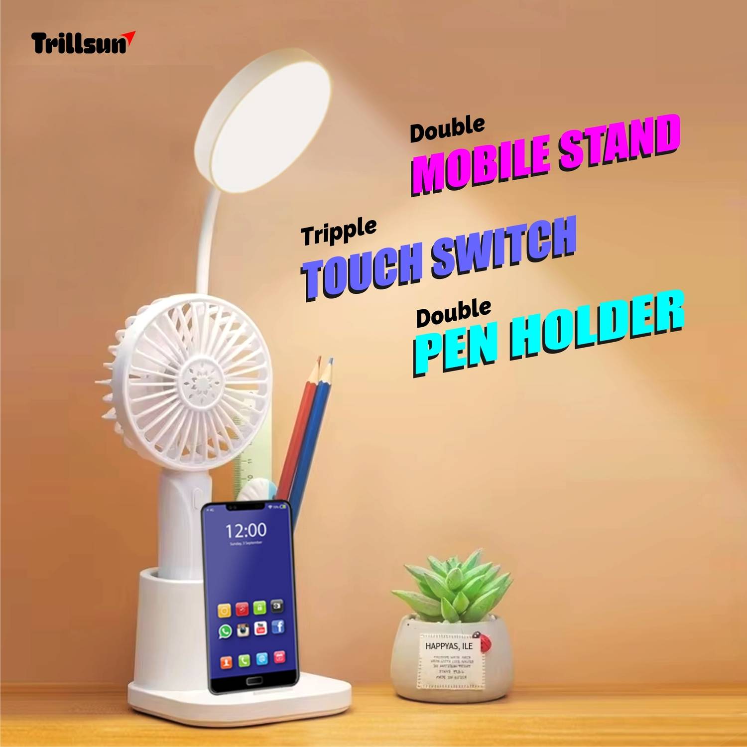 Trillsun Rechargeable Study table lamp Touch sensor with 3 Color