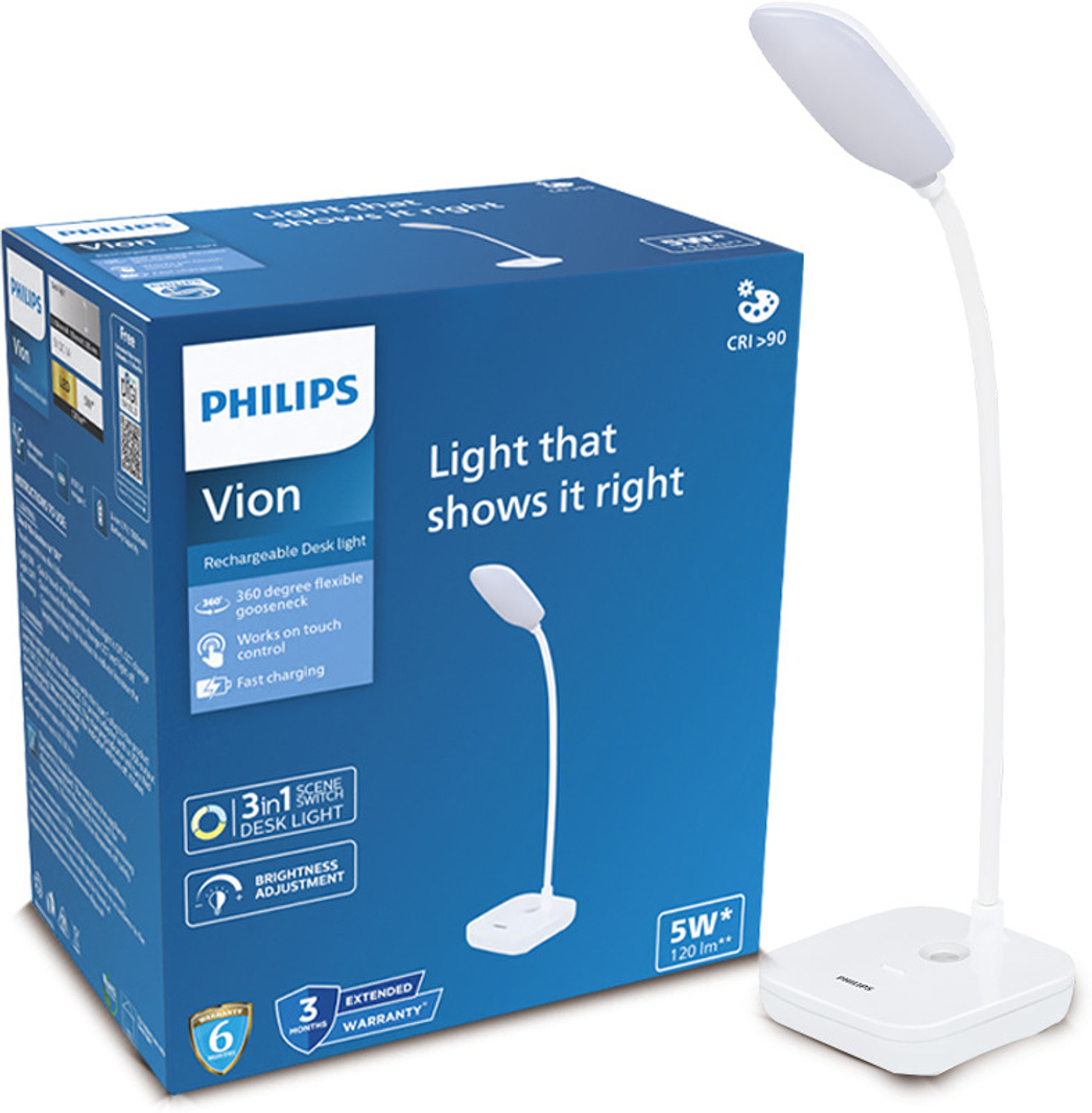 Image of PHILIPS 5W VION White LED Desk Light, 3-in-1, EyeComfort Technology Adjustable Design Table Lamp