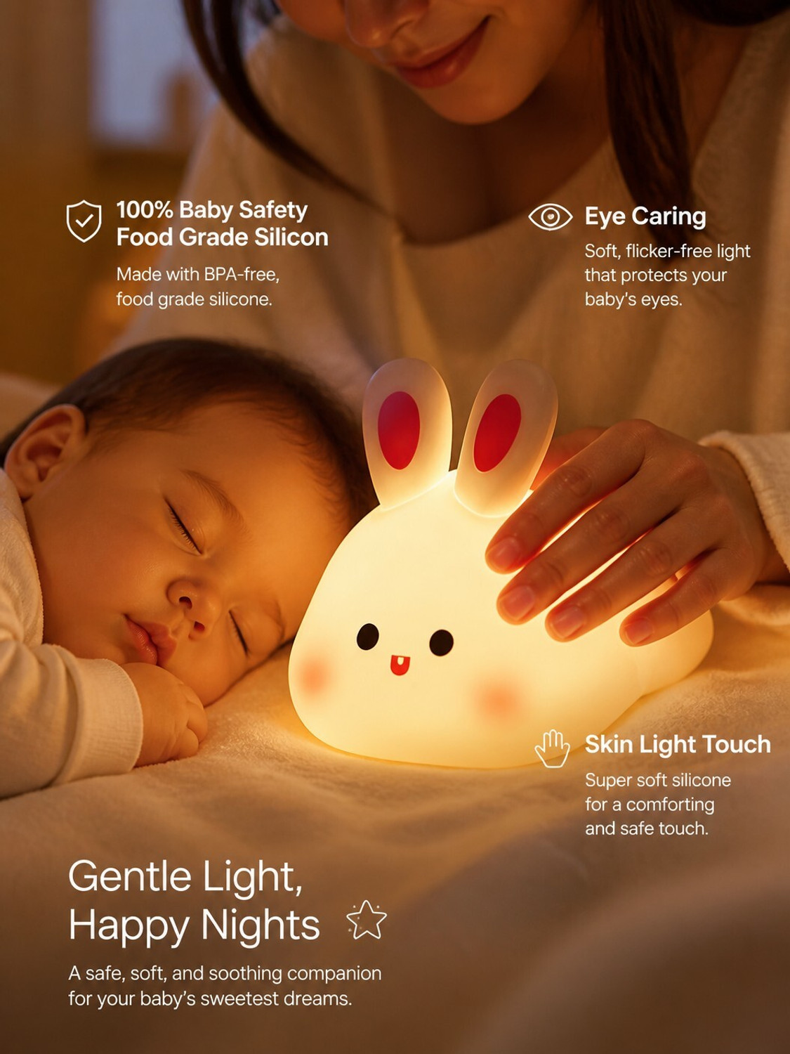 Image of DECOVATE Cute Rabbit Night Light, USB Rechargeable, Changing Light, Room Decor Night Lamp Night Lamp