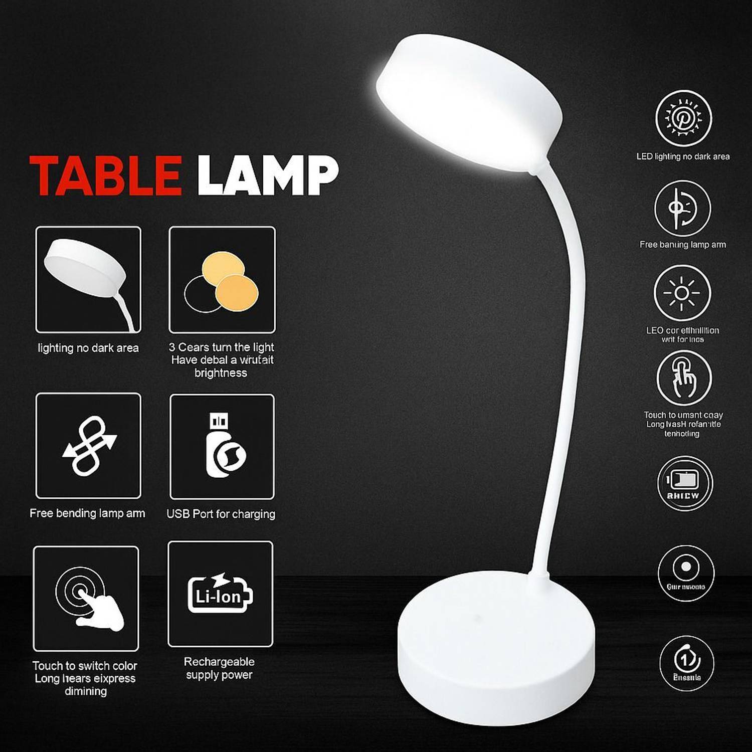 FIRSTLIKE Rechargeable Study Lamp With 3 LED Color Mode Touch Dim