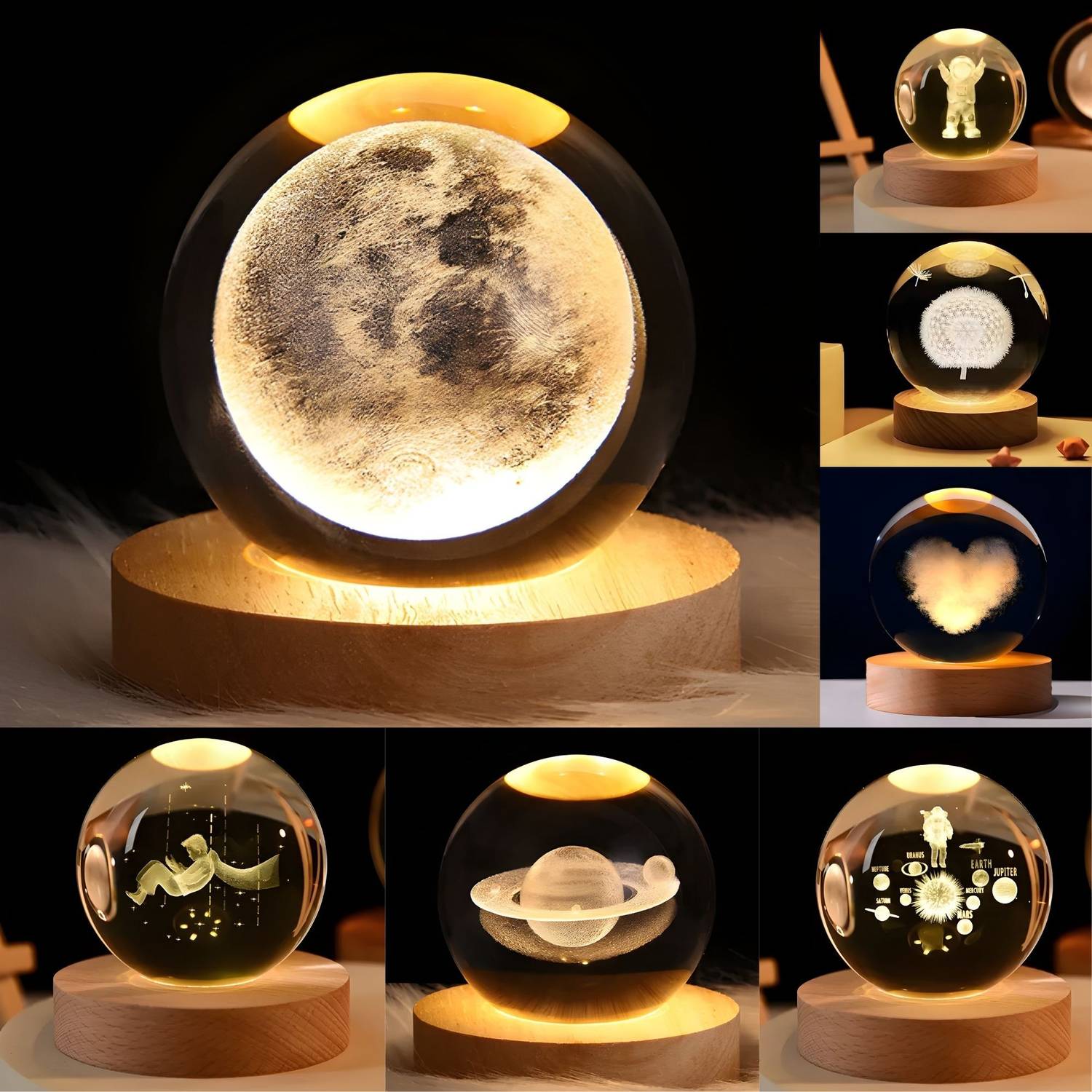 BITSY BLOOM 3D Crystal Ball Lamp Night Light with Wooden Base