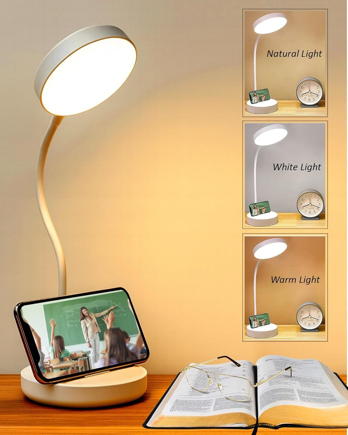 Image of ecoosoft Study Lamp Touch Sensor On-Off Desk Lamp USB Rechargeable 3 Light Modes Table Lamp