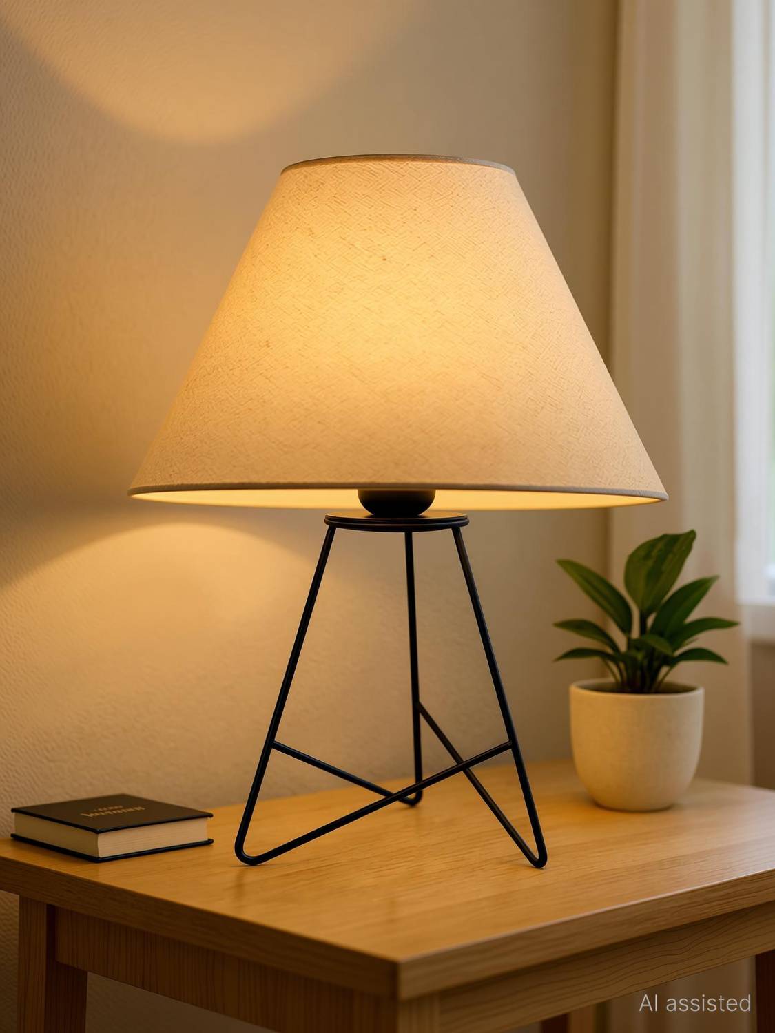 Glowhere Retro Matt Black Wire Table Lamp, Khadi Cone Shade for L