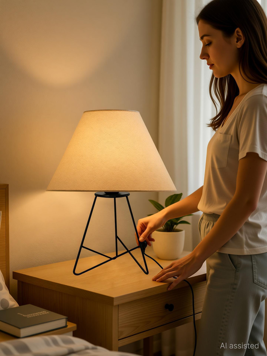 Image of Glowhere Retro Matt Black Wire Table Lamp, Khadi Cone Shade for Living Room & Home Decor Table Lamp