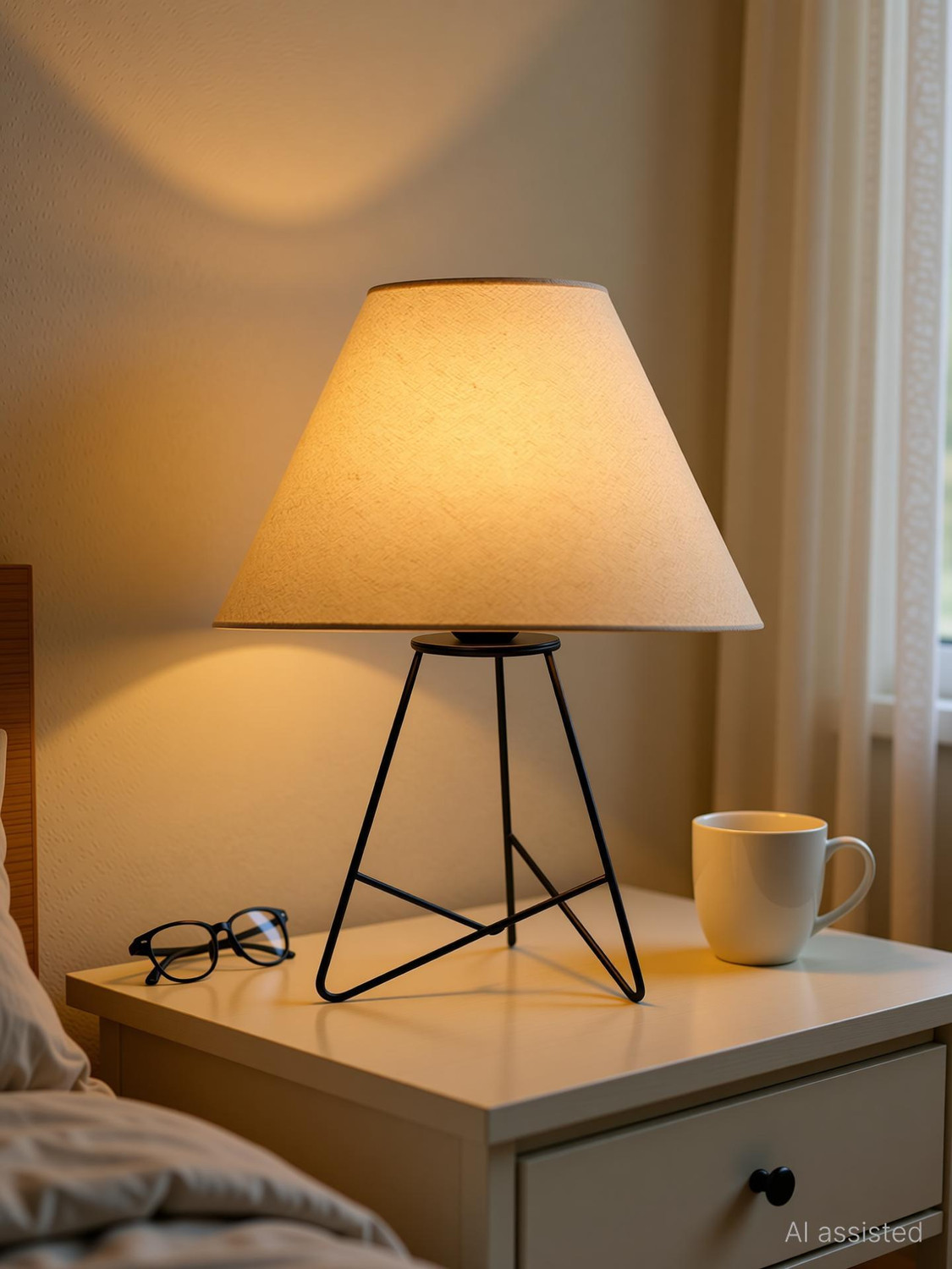 Image of Glowhere Retro Matt Black Wire Table Lamp, Khadi Cone Shade for Living Room & Home Decor Table Lamp