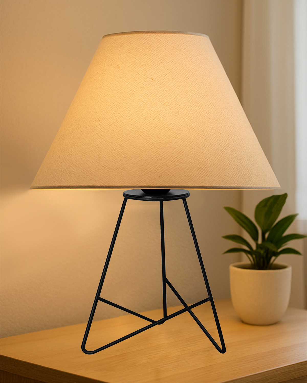 Image of Glowhere Retro Matt Black Wire Table Lamp, Khadi Cone Shade for Living Room & Home Decor Table Lamp