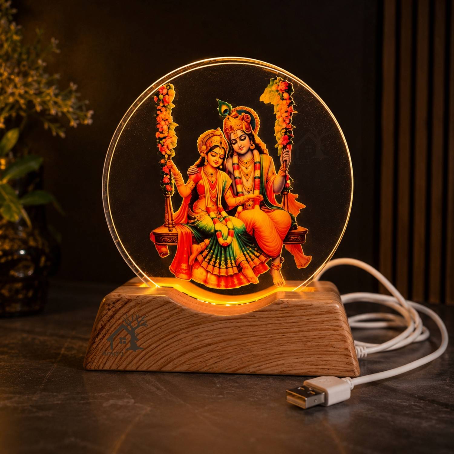 ANKRI Radha Krishna LED Acrylic Table Lamp with Wooden Base | USB Warm Light Decor Night Lamp
