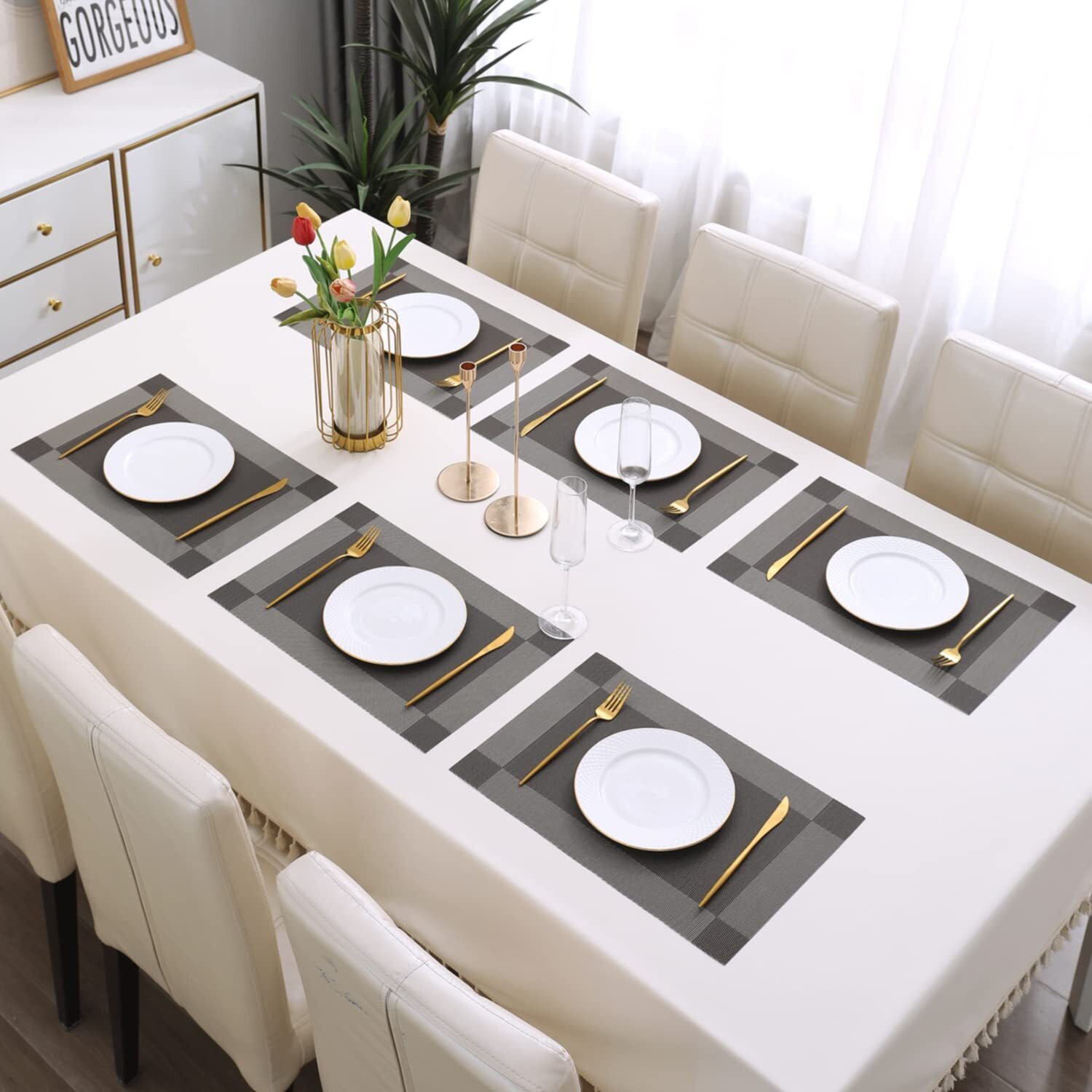 Image of CASA FURNISHING Rectangular Pack of 6 Table Placemat (Grey, Black, PVC)